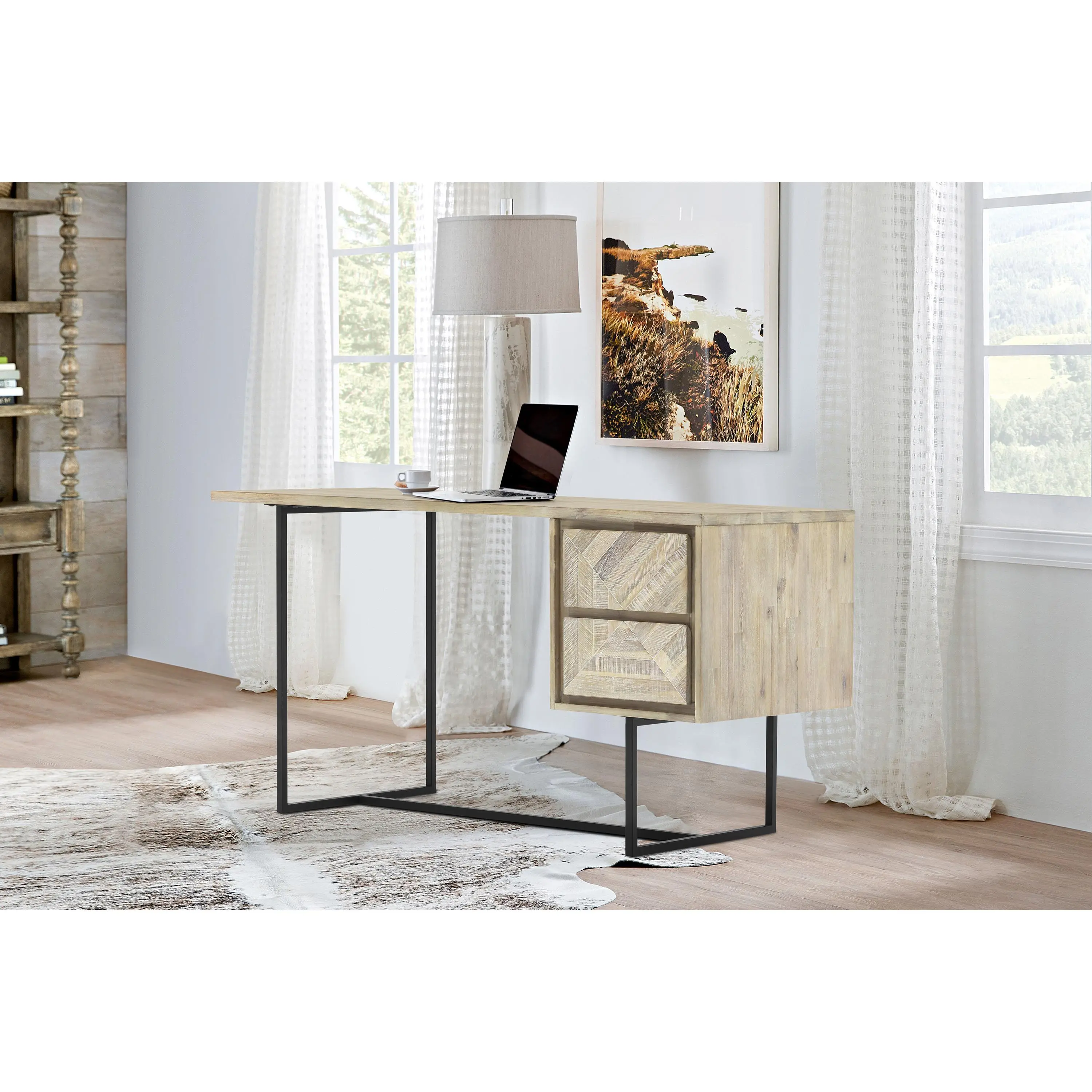 ARCH 2 Drawer Desk Natural Acacia Wood Writing Workstation with Storage for Home Office Study Bedroom Living Room, Sturdy Wooden Computer Desk with Drawers, Compact Workspace Furniture, 1 Unit, Home Furniture and Household Product Search Terms