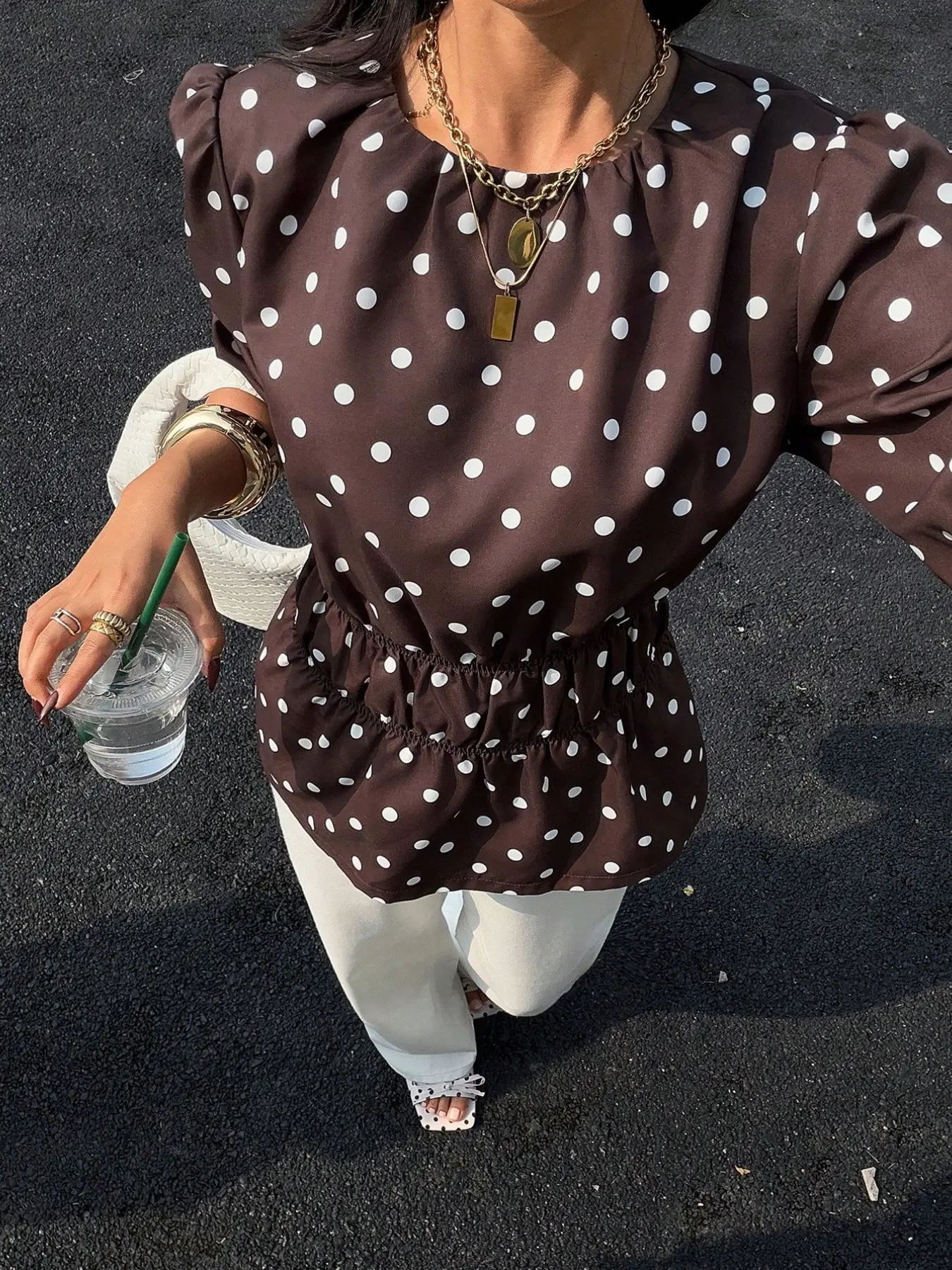 Women's Polka Dot Shirt, Bubble Seven-Quarter Sleeves, Round Neck, Elastic Waist, Ruffled Hem, Vintage Style, Casual Office Wear, Tops