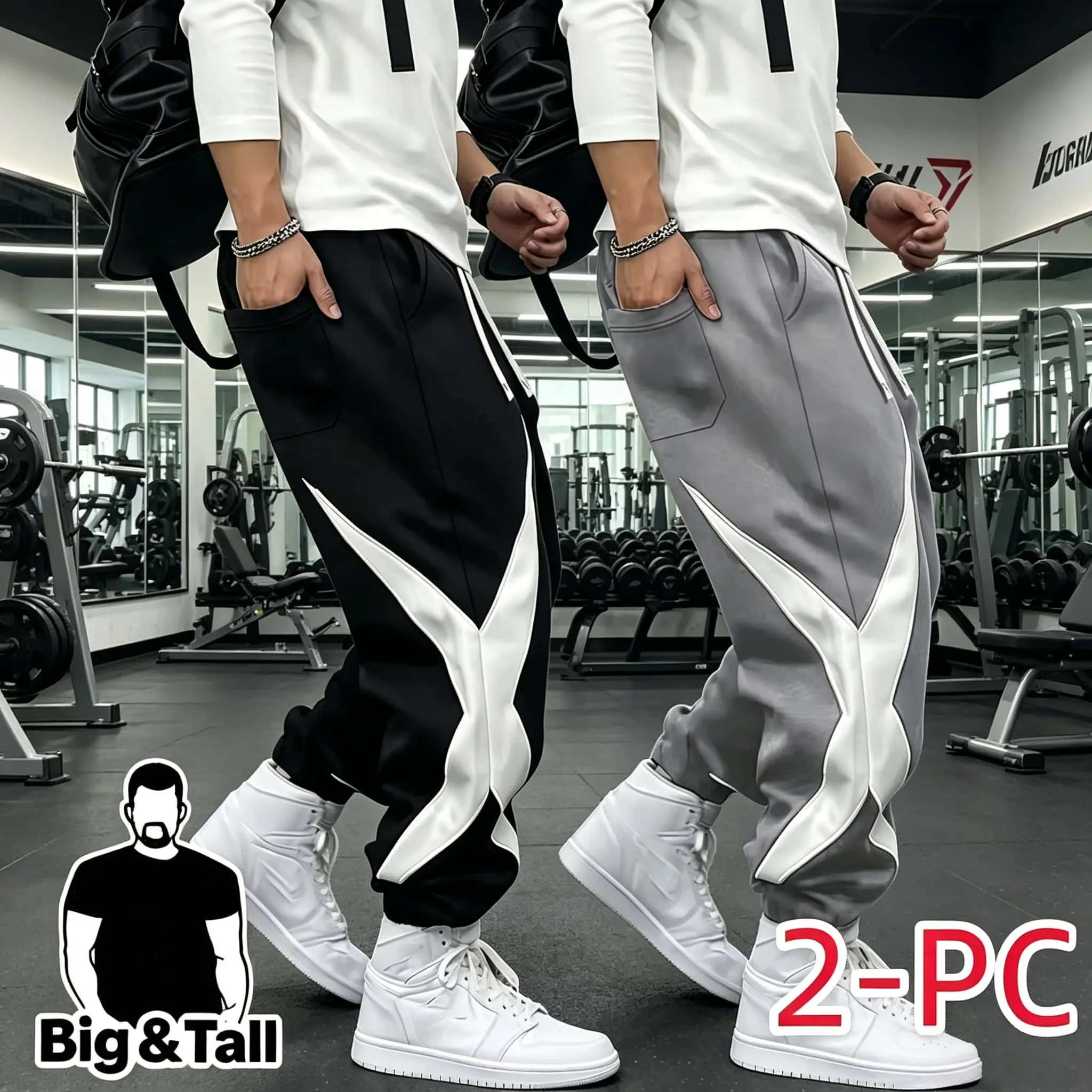 2PC Daily Commute Travel Lounge Joggers for Plus Size Men, Star Print Drawstring Ankle Banded Pants, Y2K Trend Athletic Training Trousers