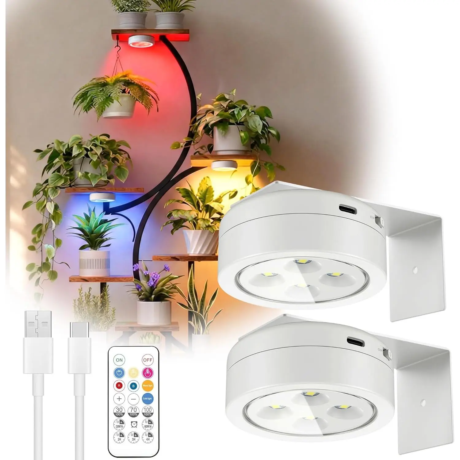 4/2 Pack Rechargeable Battery Grow Light, Full Spectrum Indoor Cordless Plant Light with Timer & Remote, Stepless Dimming,Type-C Charging 2000mAh,Wireless Magnetic Puck Plant Lights for Indoor Growing