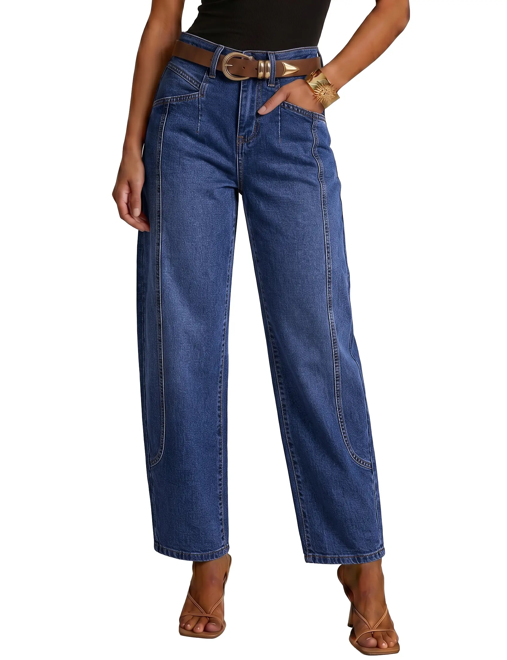 luvamia Women's Soft High-Waisted Barrel Jeans, Stretchy Baggy Wide-Leg Ankle Denim Pants with Tapered Hem & Front Seam, Hip Western Style for Blazer & Sweater Outfits