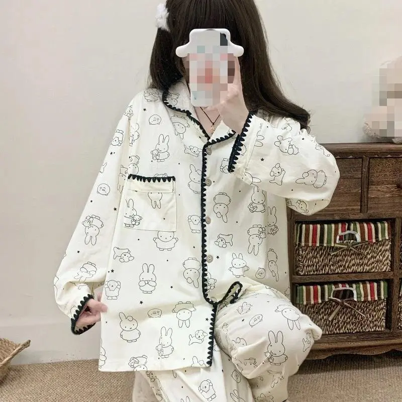 New Miffy Striped Loungewear Set for Women Cute Doodle Bunny Loose Fit Homewear Spring/Autumn Soft & Breathable Youthful Style
