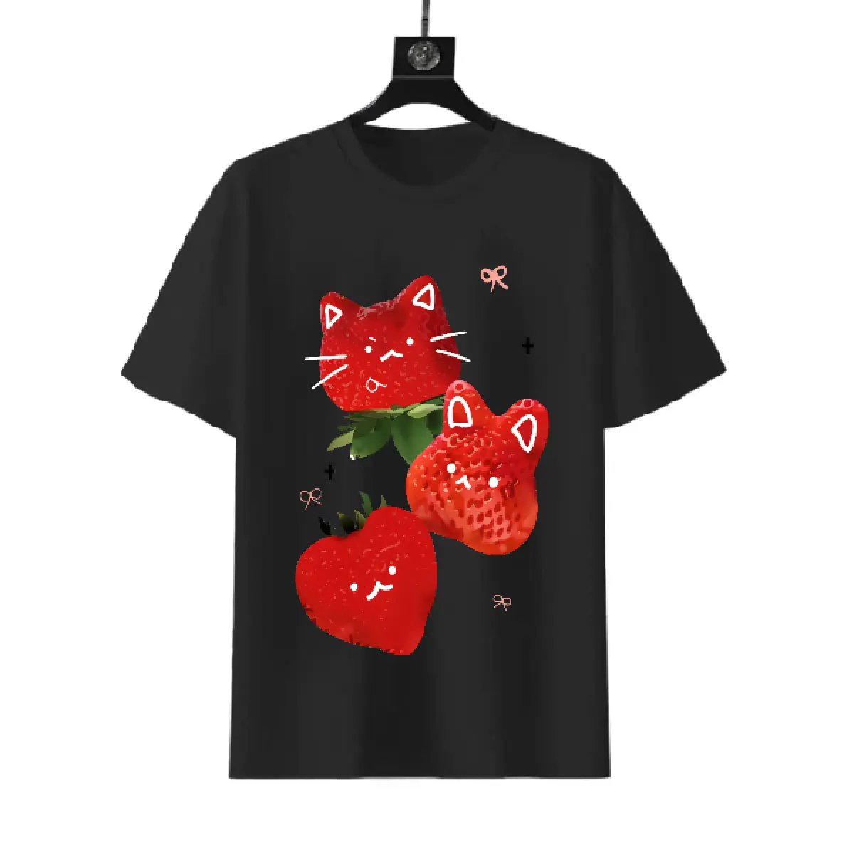 Unisex Casual Sporty Chic Normal Type T-Shirt - Short Sleeve Round Neck Sports Top with Cute Strawberry Cat Digital Print for Summer, Statement Cute Motifs Fabric, Cartoon, Graphic