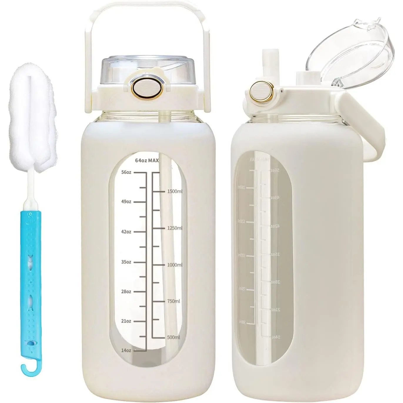 Unisex 64oz Motivational Glass Bottle - Half Gallon with Time Marker, Straw Lid, Silicone Sleeve, Handle Lid for Gym Workout, Water Sports