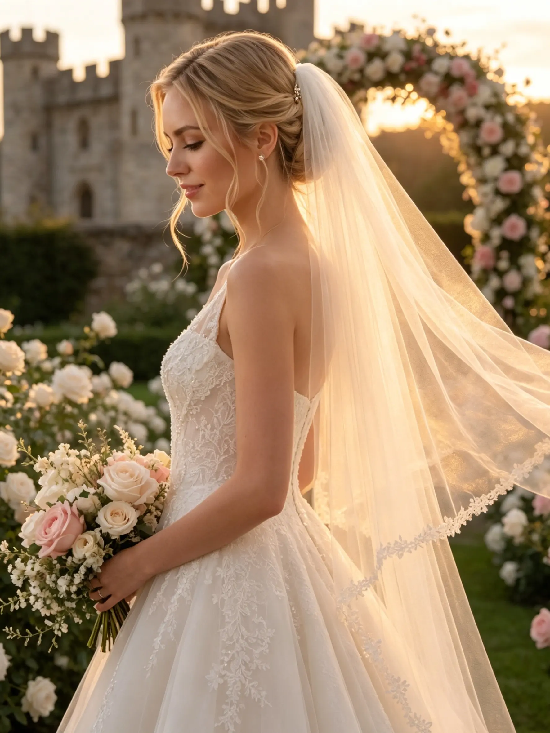 A 1-meter long ivory tulle wedding veil with lace trim, a vintage golden castle-style bridal veil, trailing veil, and dreamy wedding accessories, perfect for European bridal portrait photography.