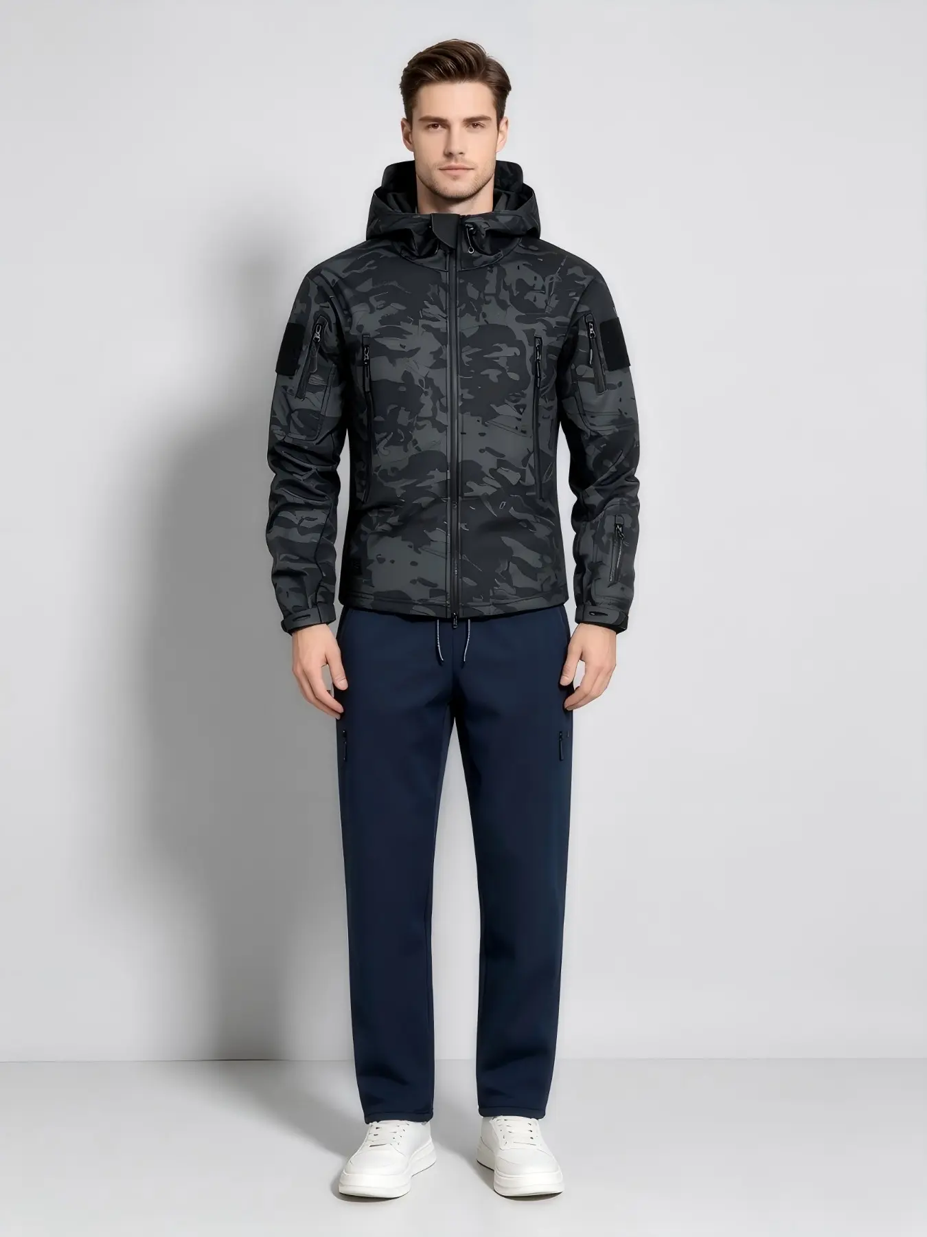 Men's Camouflage Hooded Jacket with Soft Shell Windproof Pants, Waterproof Durable, Outdoor Set, Fall & Winter Sporty Style