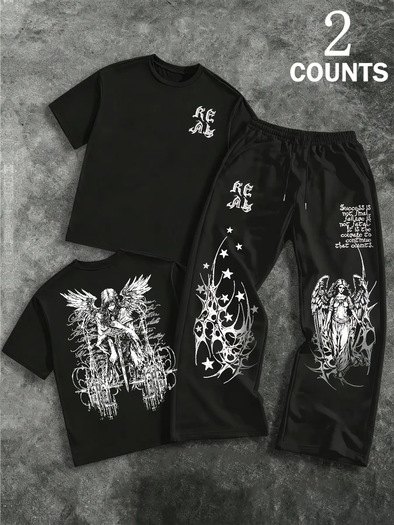 Oversized Gothic Angel Print T-Shirt & Wide Leg Pants 2Pcs, Y2K Grunge, Graphic Streetwear Set, Black Tracksuit with Dark Angel Wings & Slogan Print, Loose Fit Hip Hop Outfit for Men Women, Streetwear Aesthetic, Perfect for Daily Wear & Street Style