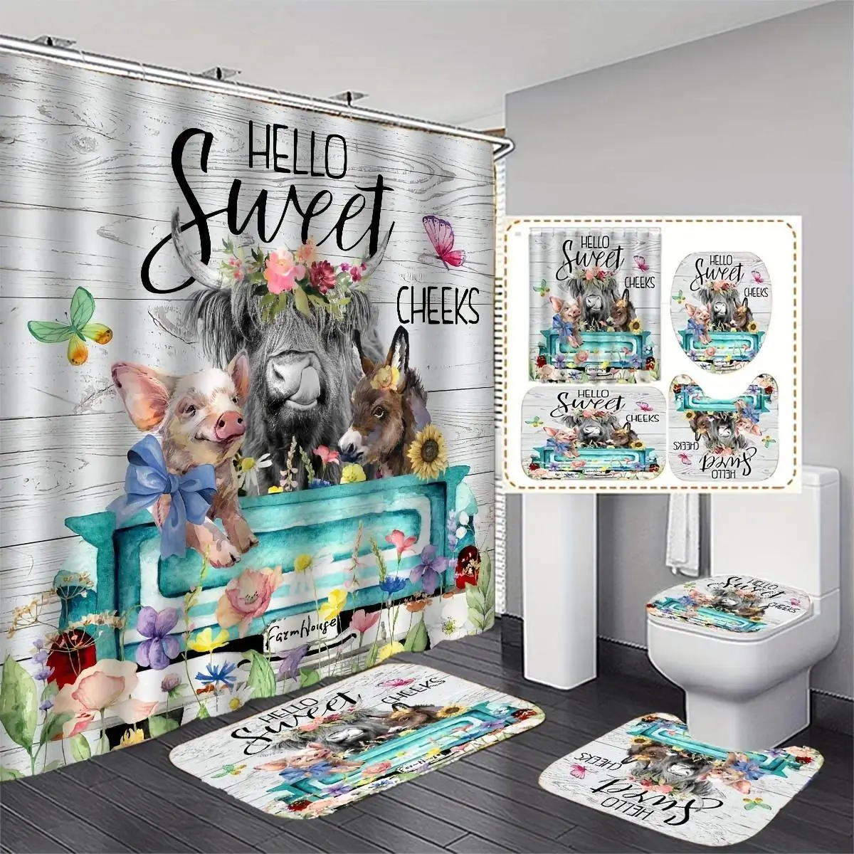 Farmhouse Decorative 4-Piece Bathroom Accessories Set - Polyester Animals & Plants Design, Waterproof Nonslip Bath Mat, Toilet Lid Mat, U-Shaped Rug, Hooked Shower Curtain Art for Restroom Decoration