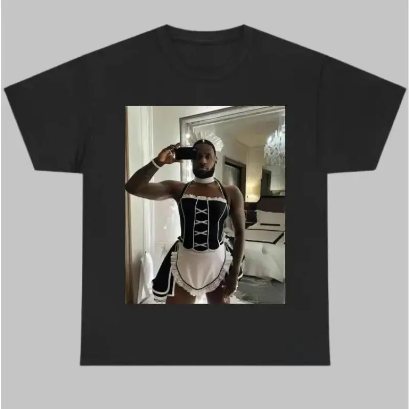 Maid Outfit LeBron James Selfie Graphic T-Shirt - LeBron James Meme Tee, Fun Meme Shirt, Fun Gift, Streetwear Short-Sleeve Tropical Top