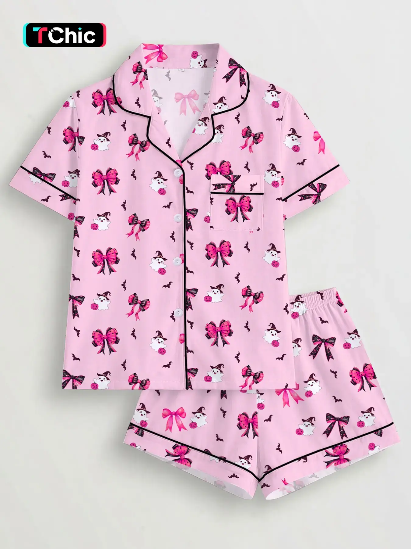 【Halloween】Women's Halloween Pajama Set Loungewear, Cute Ghost Cat Pumpkin Print, Short Sleeve Lapel Shirt & Elastic Shorts, Casual All-Season Sleepwear, Collared Pajamas