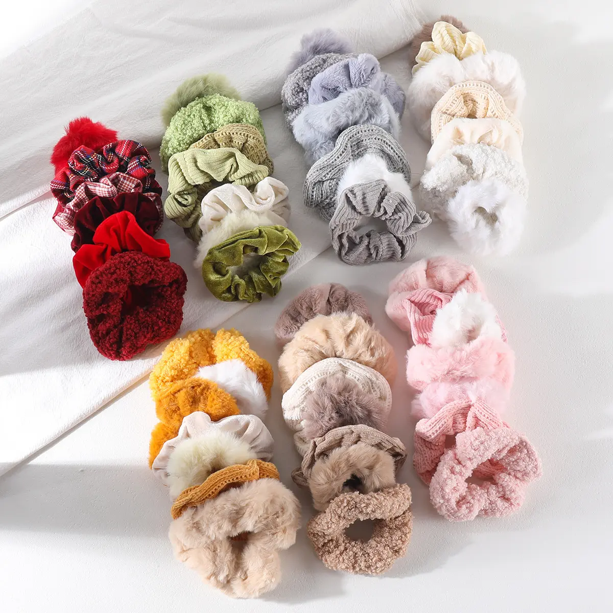 Multi-Texture Scrunchies 7-Pack for a Fluffy Look, Plush Knit Hair Accessories in Assorted Hues for Women's Casual Daily Wear, Everyday, Female, Fluffy Hair Ties