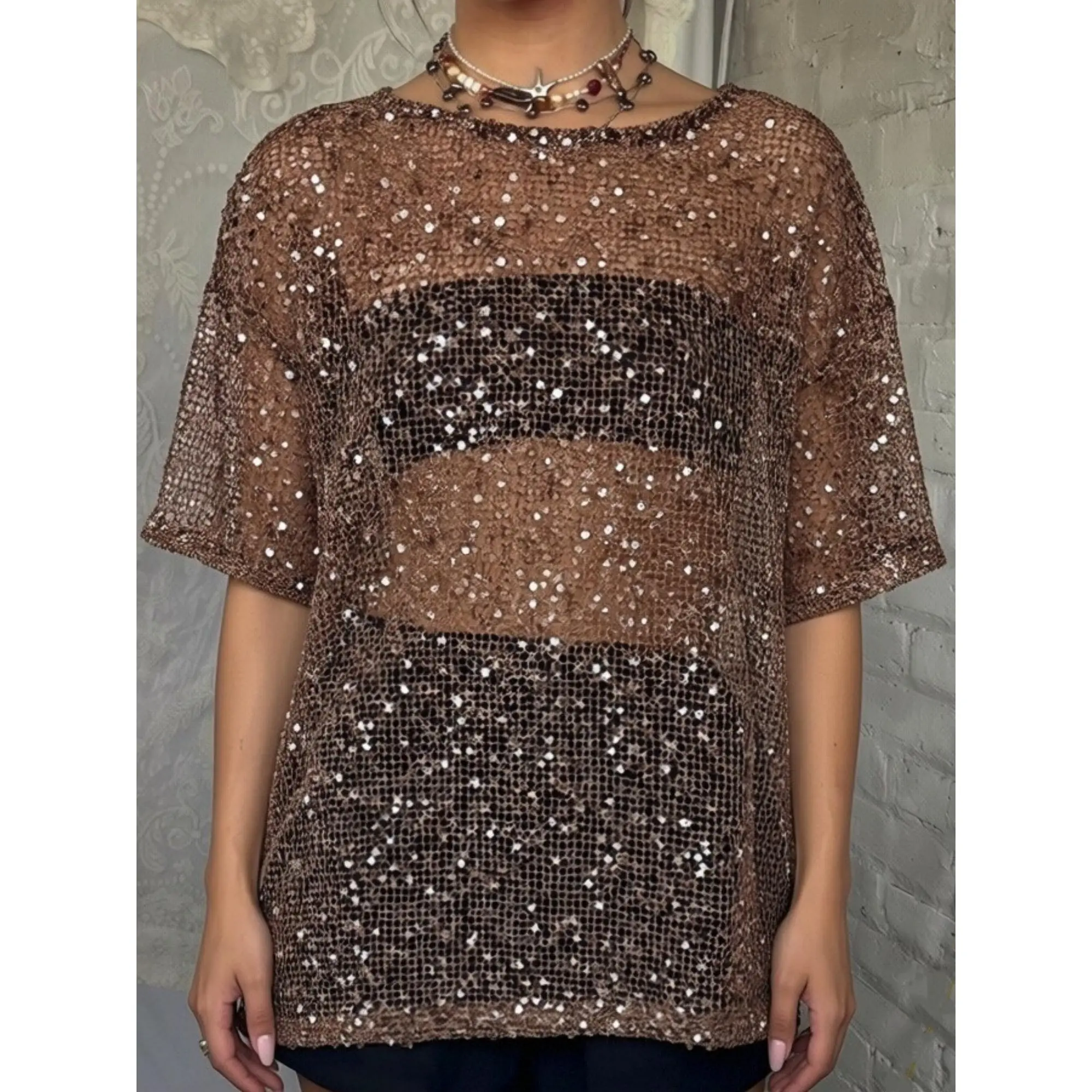 Summer Sequins T Shirts y2k Women Solid Color See Through Crew Neck Elbow Sleeve Loose Fit Tops