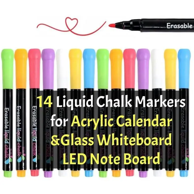 14 Pack Liquid Chalk Markers, Fine Tip 0.04 Inch Neon Wet Erase Pens for  Calendar, Glass Board, LED Note Board & Windows,  Markers for  & Office (14)