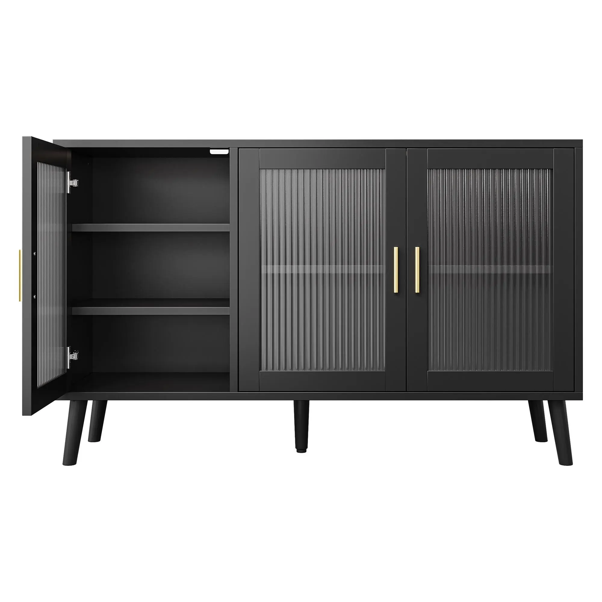 Sturdy Indoor Freestanding Glass Cabinet - Black Fluted Glass Sideboard with Adjustable Shelves, 300 lbs/Above 25 kg Heavy-Duty Storage, 47.64" W x 15.75" D x 31.69" H Luxury Dining Credenza for Living Room, Kitchen Furniture, 300 Pounds