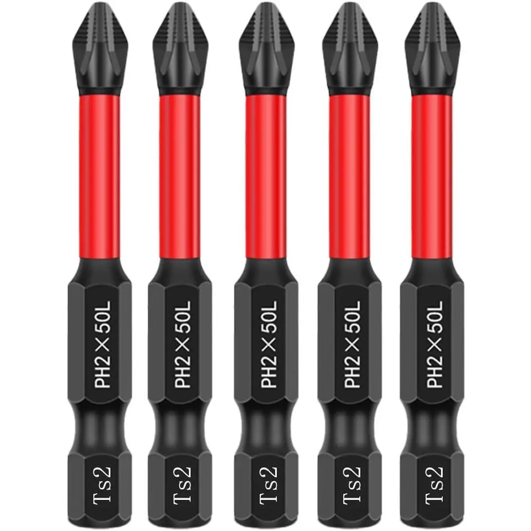 PH2 Magnetic Drill Bits 5-Pack, 2-Inch S2Steel, Magnetic Screwdriver Tips with Anti-Slip, 1/4" Hex Shank, Impact-Ready Driver Bit Set for Drill
