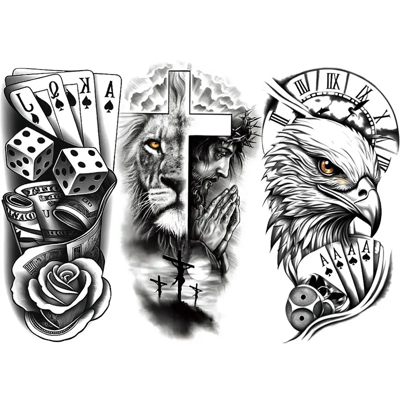 3 Jesus Cross Temporary Tattoos, Poker Eagle Jesus Designs, Waterproof Realistic Fake Tattoos, Adult Long-Lasting Half Arm Sleeve, Daily Activity Decor