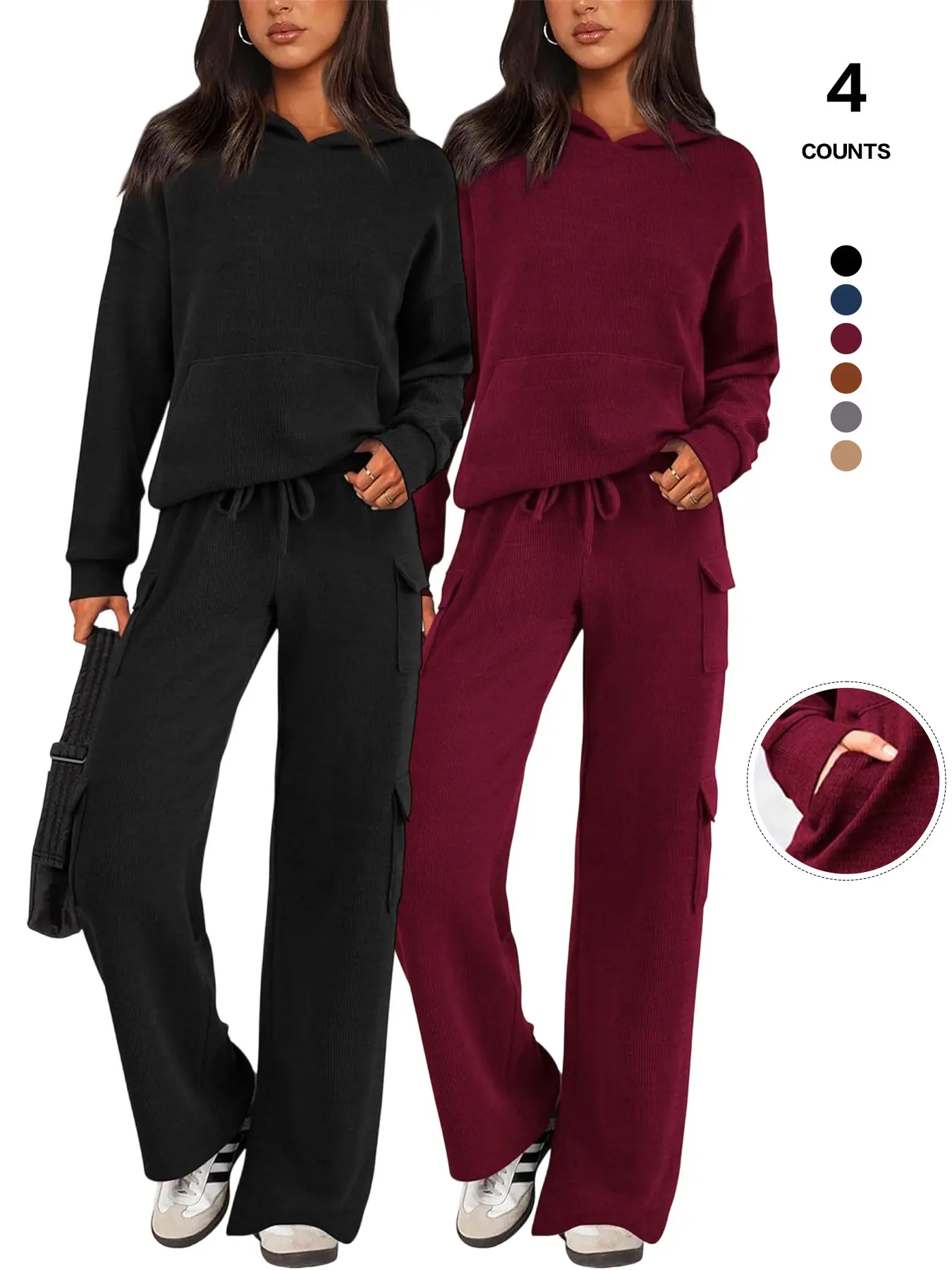 Women Hooded Athleisure Tracksuit Set, Long Sleeve Pocket Hoodie, Cargo Wide Leg Pants, Casual Fall Winter Loungewear, Two Piece