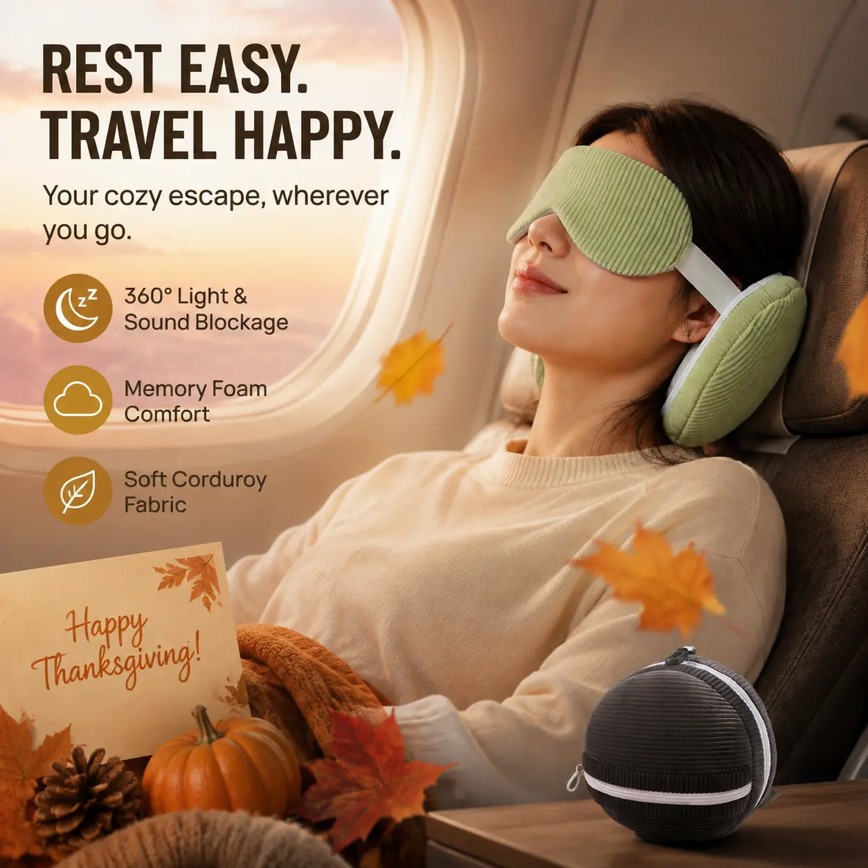 2-in-1 U-Shaped Travel Neck Pillow with Built-in Eye Mask, Compact PP Cotton Filled Neck Support Cushion for Airplane, Car, Office & Nap, Lightweight Comfortable Sleep Pillow, Thanksgiving Travel Gift-YY2