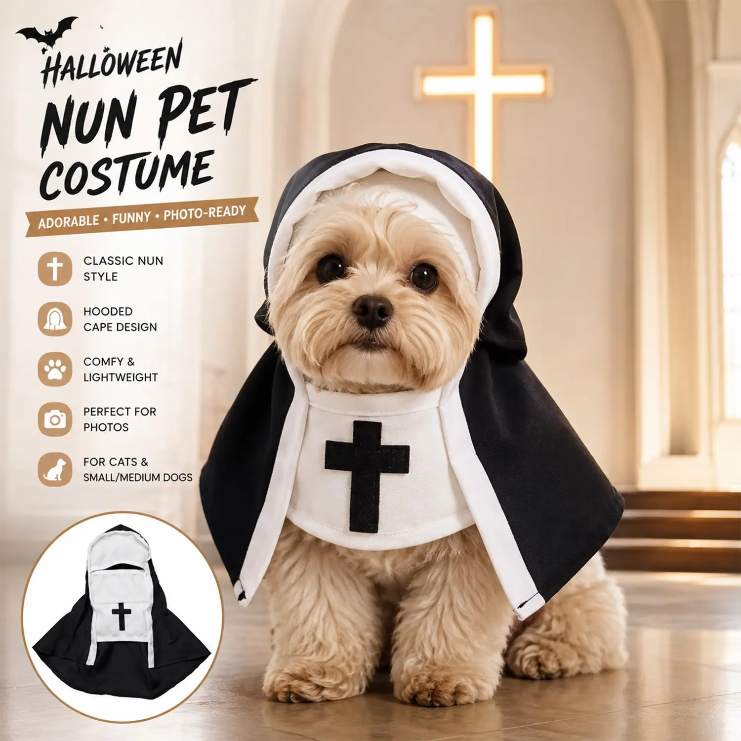 Funny Nun Dog Costume for Halloween, Black & White Hooded Pet Cape with Cross Detail, Cute Cat & Small Medium Dog Outfit for Dress Up, Parties, Photos, Costume Events, Social Media Videos and Holiday Celebrations