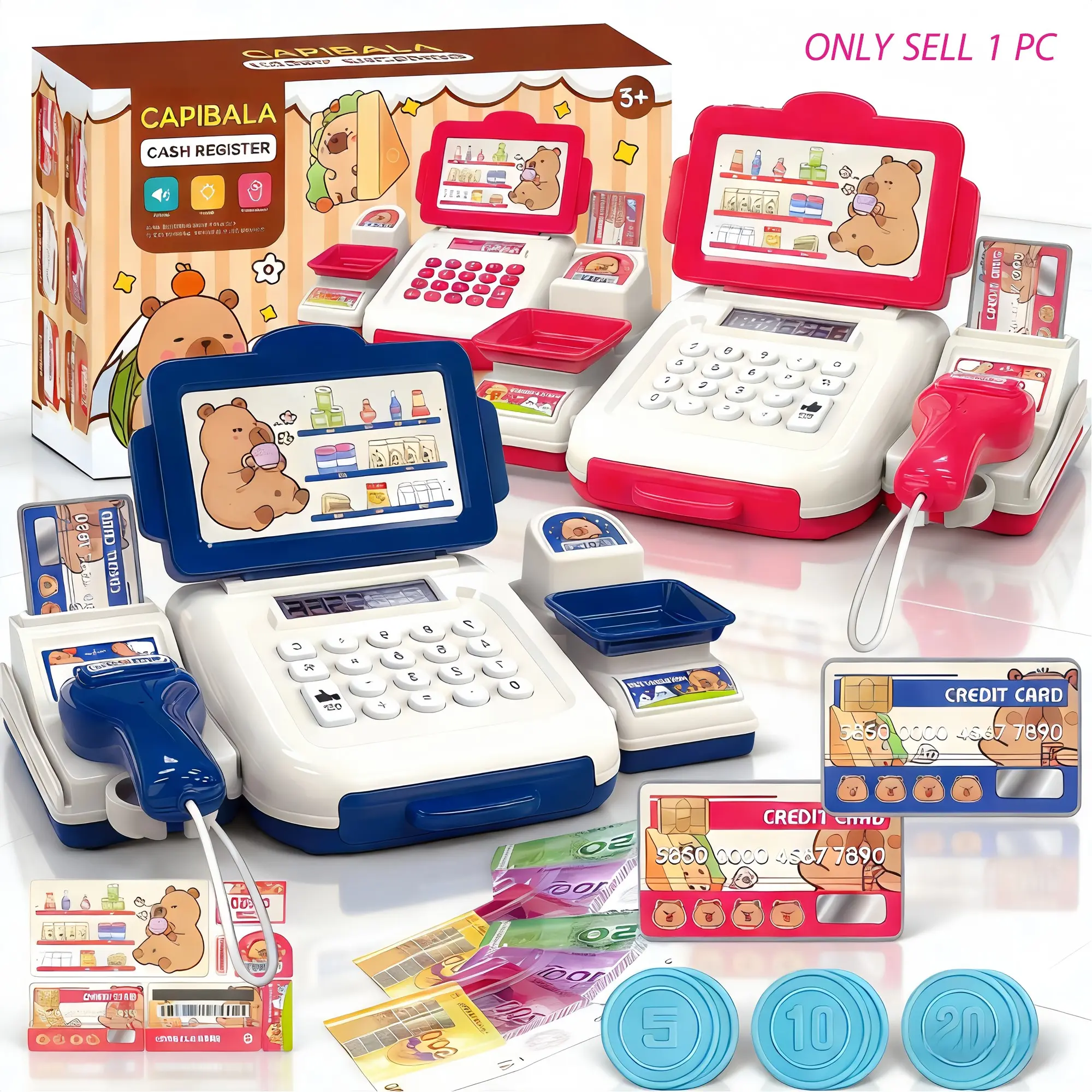 Simulation Cash Register Toy Set, Realistic Keys & Functional Buttons, Scanner Lights Sound Effects, Birthday Gift for Boys Girls, Pretend Play Set, Pretend Playset