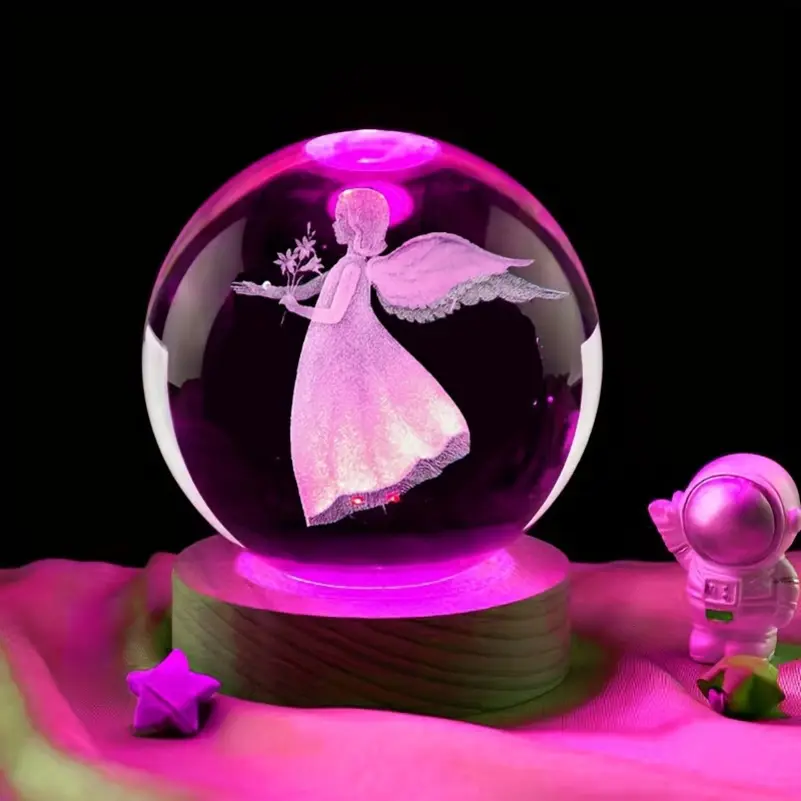 1pc Enchanted 3D Carved Angel Crystal Ball with Heart-Shaped Base - Heartwarming LED Color Illumination - Indoor Bedroom Decor Accent - Ideal Mother's Day Gift for Mom, One Piece, Indoor Lighting