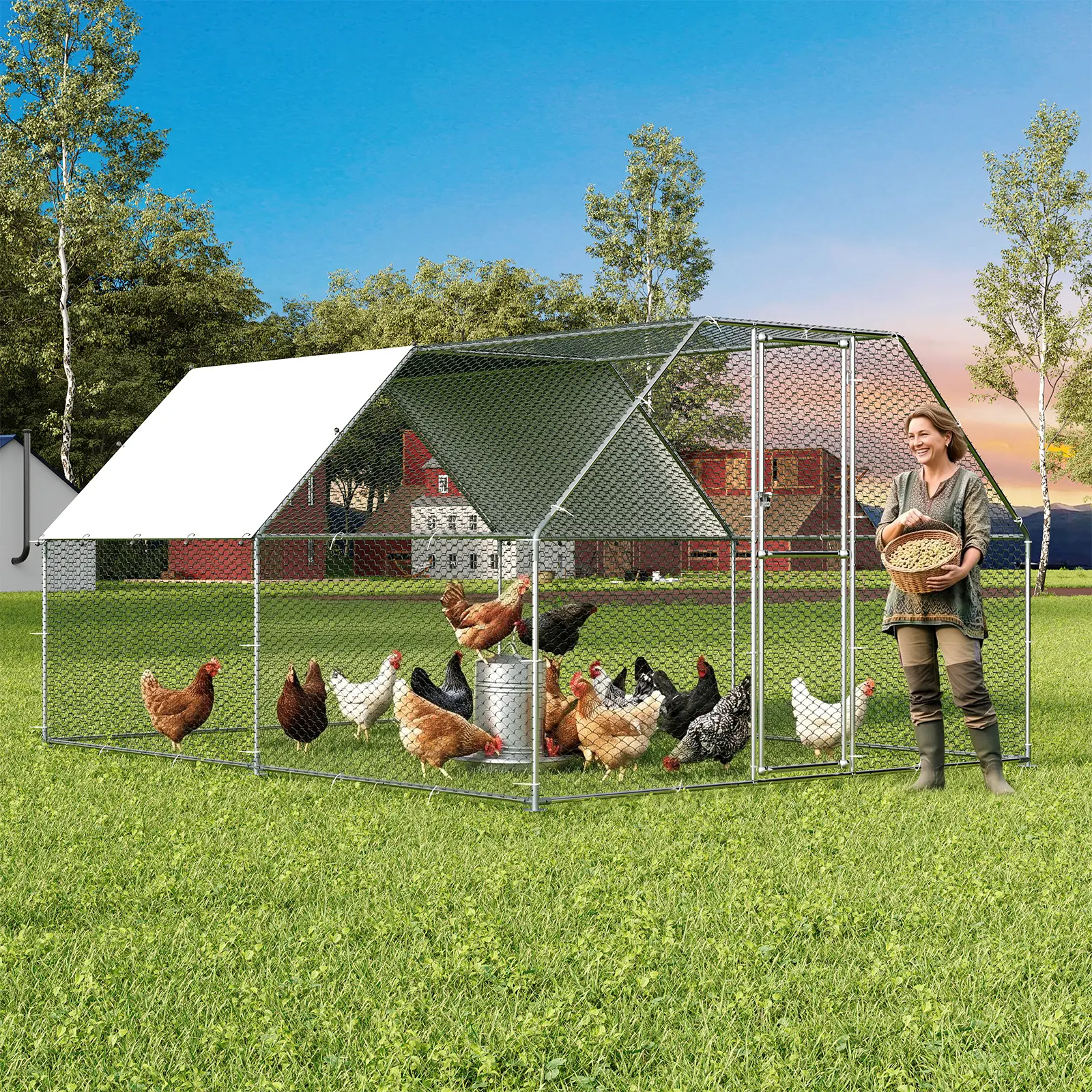 Large Metal Chicken Coop, Chicken Run for 6/10 Chickens, Outdoor Walk in Poultry Cage with Anti-UV Cover and Waterproof