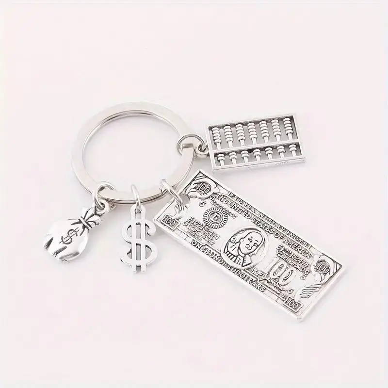 Funny Metal Keychain with Dollar Coin and Abacus Design, Fun Wallet Bag Backpack Car Hanging Ornament, Earphone Accessory Gift for Friends