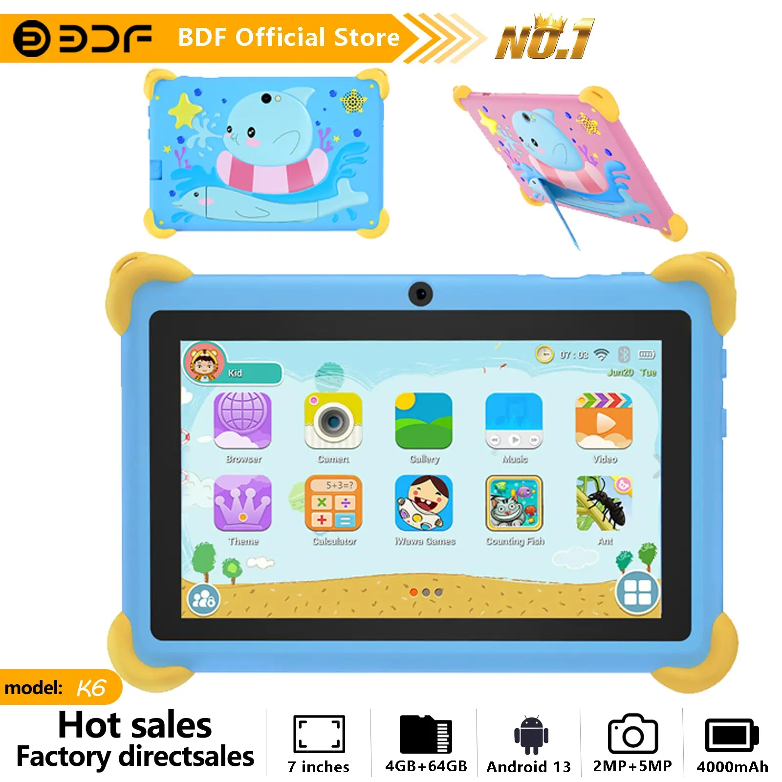Educational Tablet, Android Learning Tablet, 7-Inch Android 13, 4GB RAM 64GB Storage, Quad-Core Processor, 1280x800 HD Screen, Dual Cameras, 4000mah Battery
