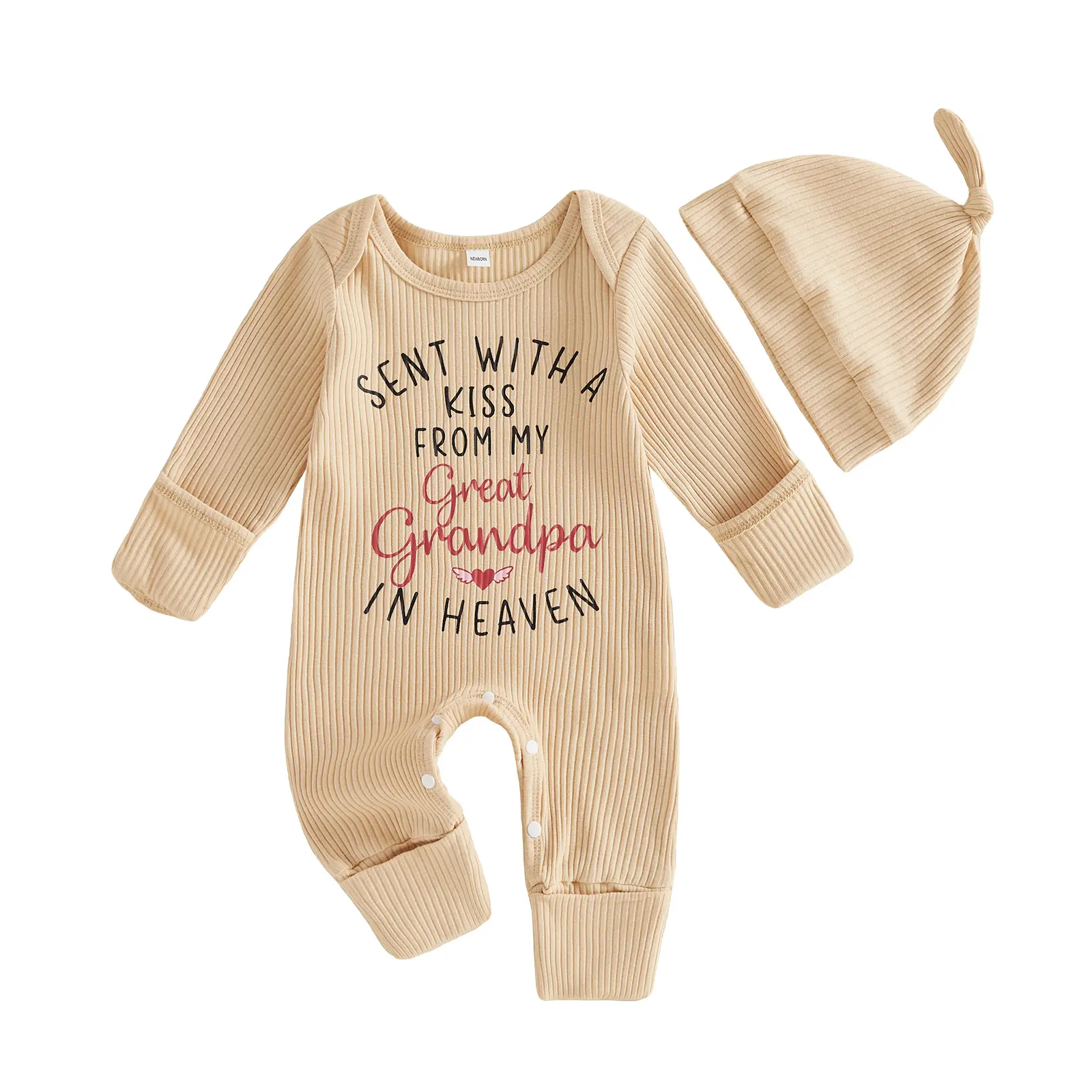 Newborn Baby Unisex Elastane Baby Clothing Set - Long Sleeve Letters & Heart Print Ribbed Newborn Onesies, Matching Hat, Printed Bodysuit Set for 0-12 Months Infant Outfit