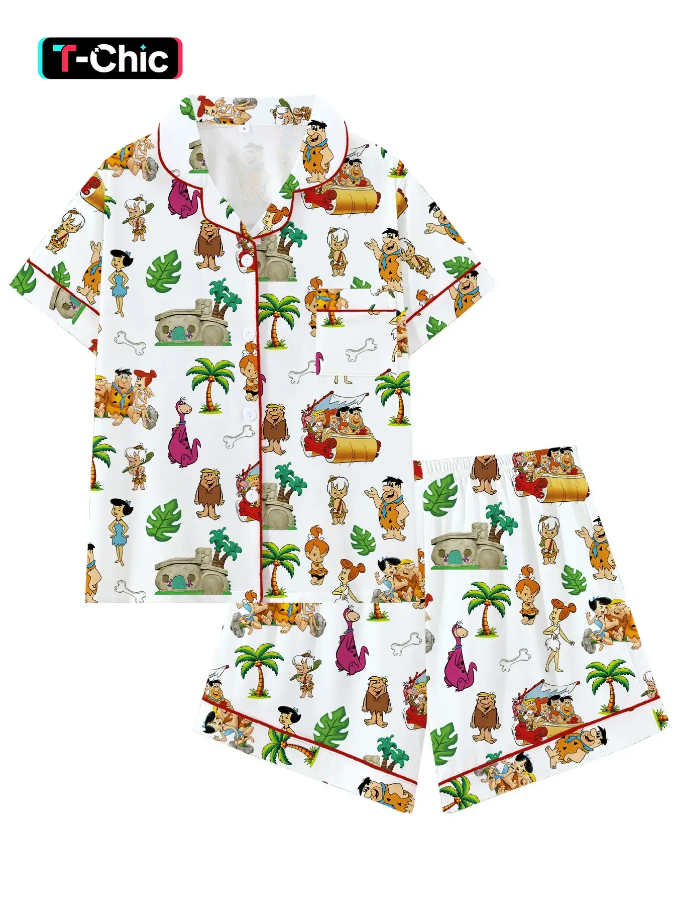 Vintage Stone Age Cartoon Collar Short Sleeve Pajama Set, Comfortable Sleepwear for Home and Outdoors, Perfect Gift for Relaxing Nights