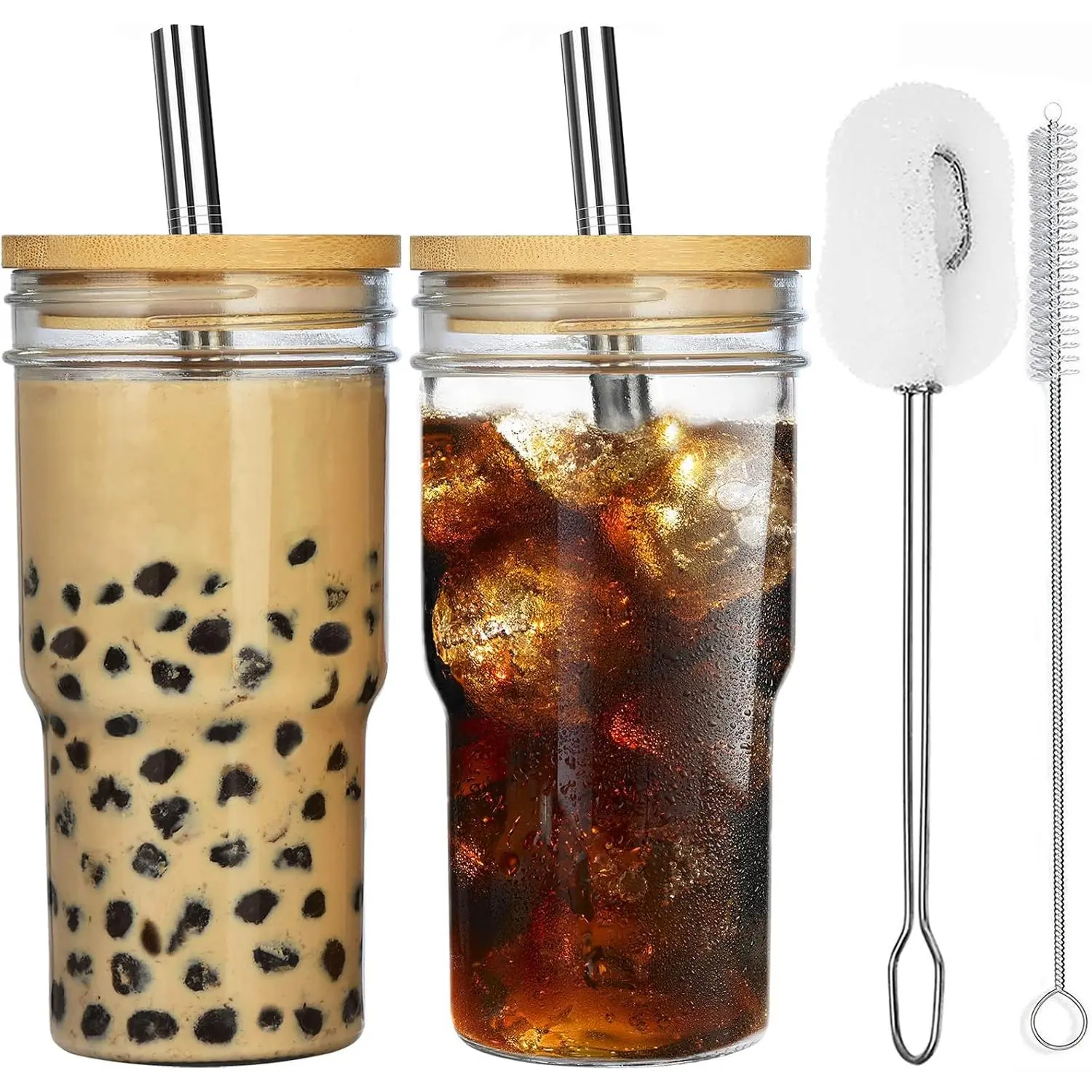 2-Pack Glass Cups with   and Straws, 22oz Mason Jar Glass Tumbler,  Boba Cups, Iced Coffee Drinking Glasses for Bubble , Smoothies, Juice - 2 Cleaning Brush