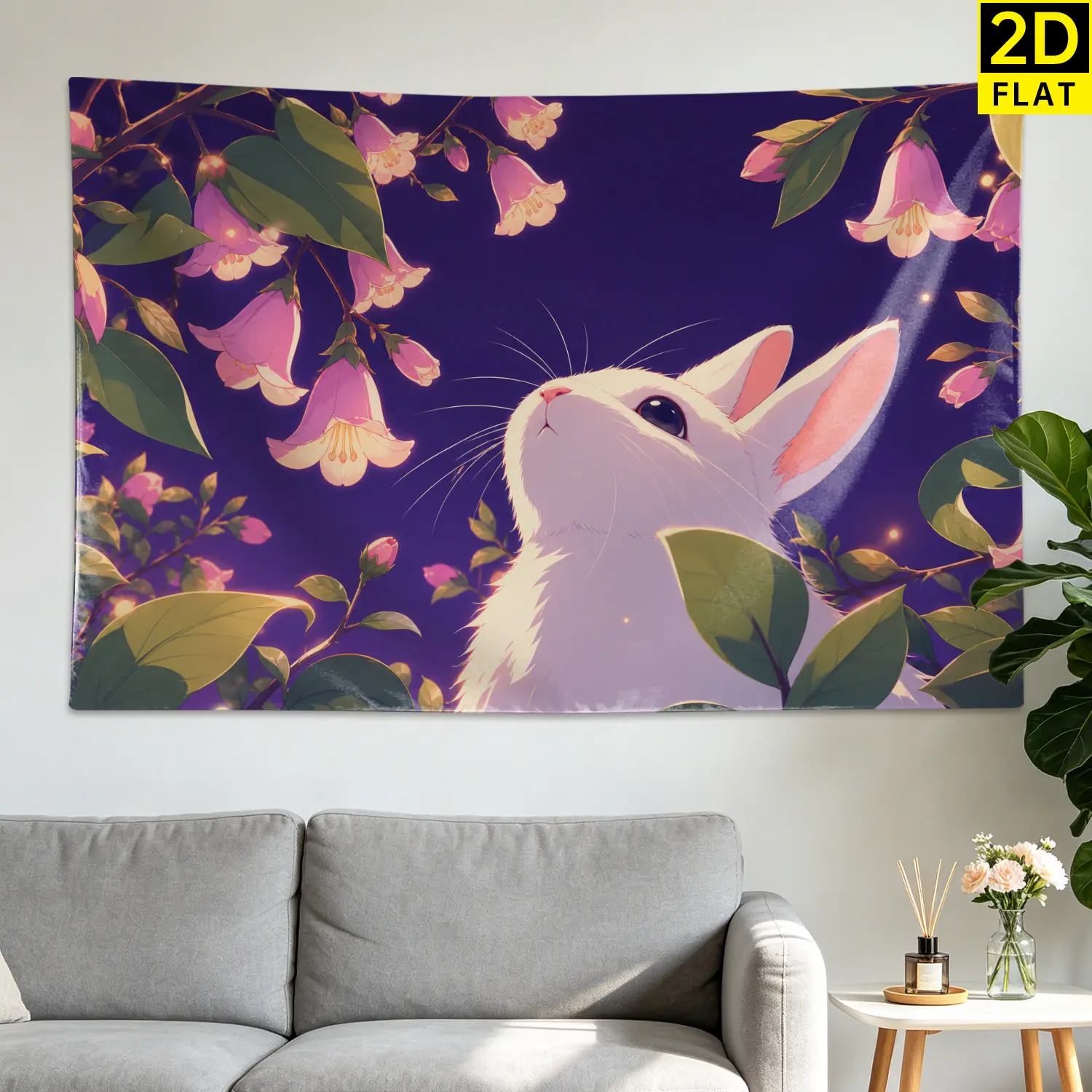 Large Horizontal Synthetic Wall Tapestry - Multi-Size Cute White Bunny Flowers Artwork, No-Installation Wall Decor for Dining Room, Indoor Home Gift for Family