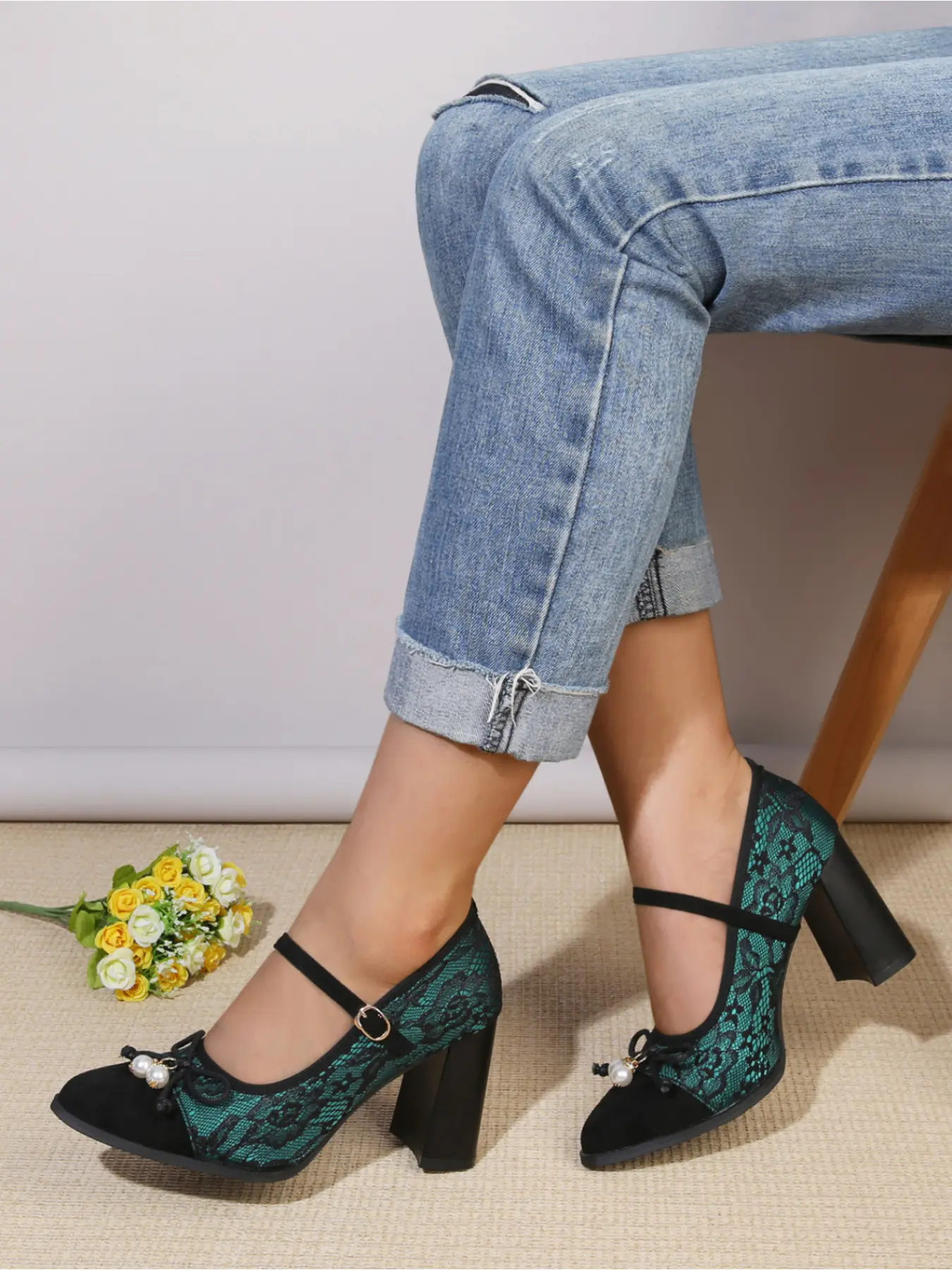 Black Suede Patchwork Sheer Floral Lace Pearl Tiny Bow Decor Metal Buckle Single Ankle Strap Round Toe Thick Square Block Mid Heel Vintage Mary Jane Pumps