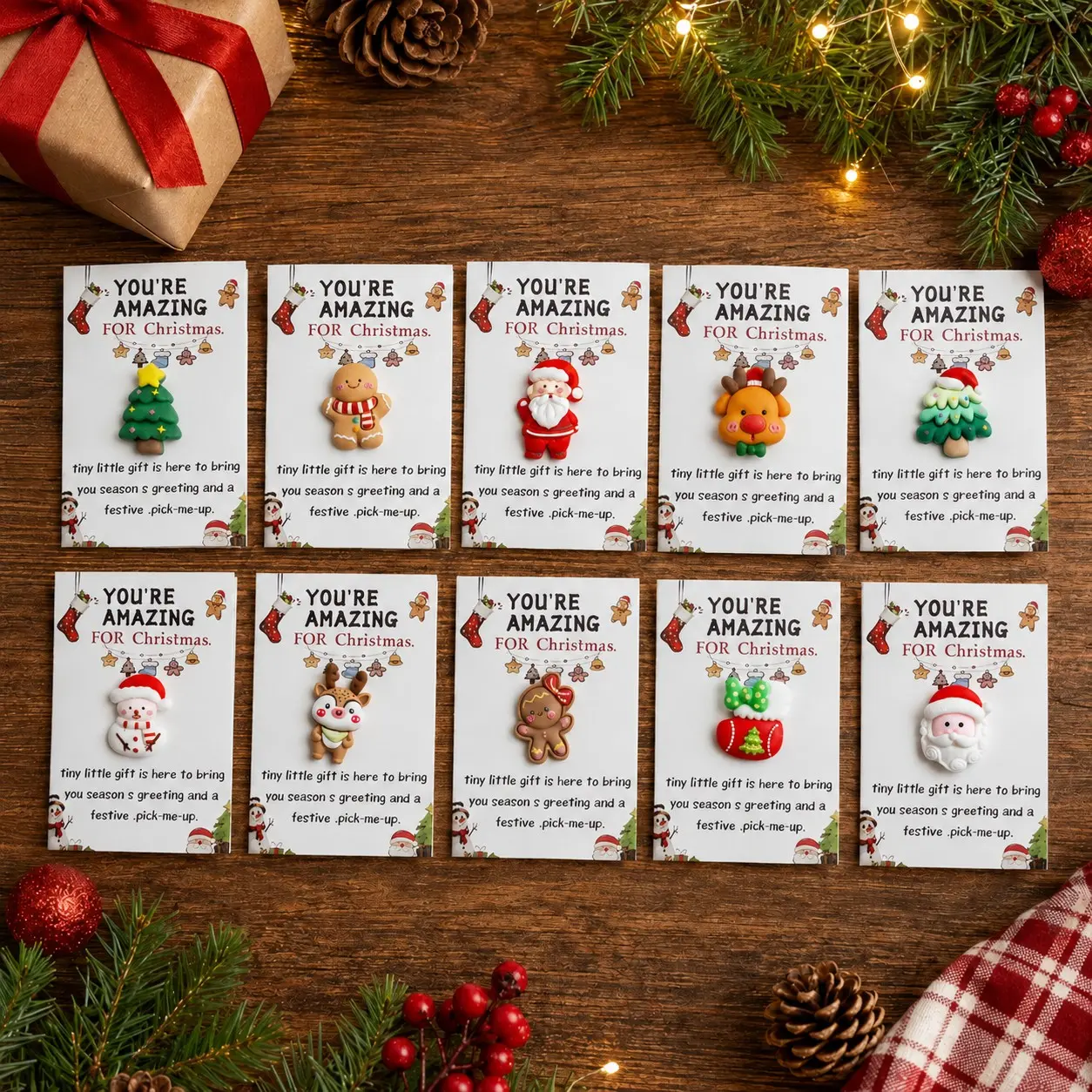 10 Pack Christmas Mini Gift Cards with Cute Holiday Theme Charms, Festive Stocking Stuffers & Party Favors for Kids, Friends, Coworkers and Teachers
