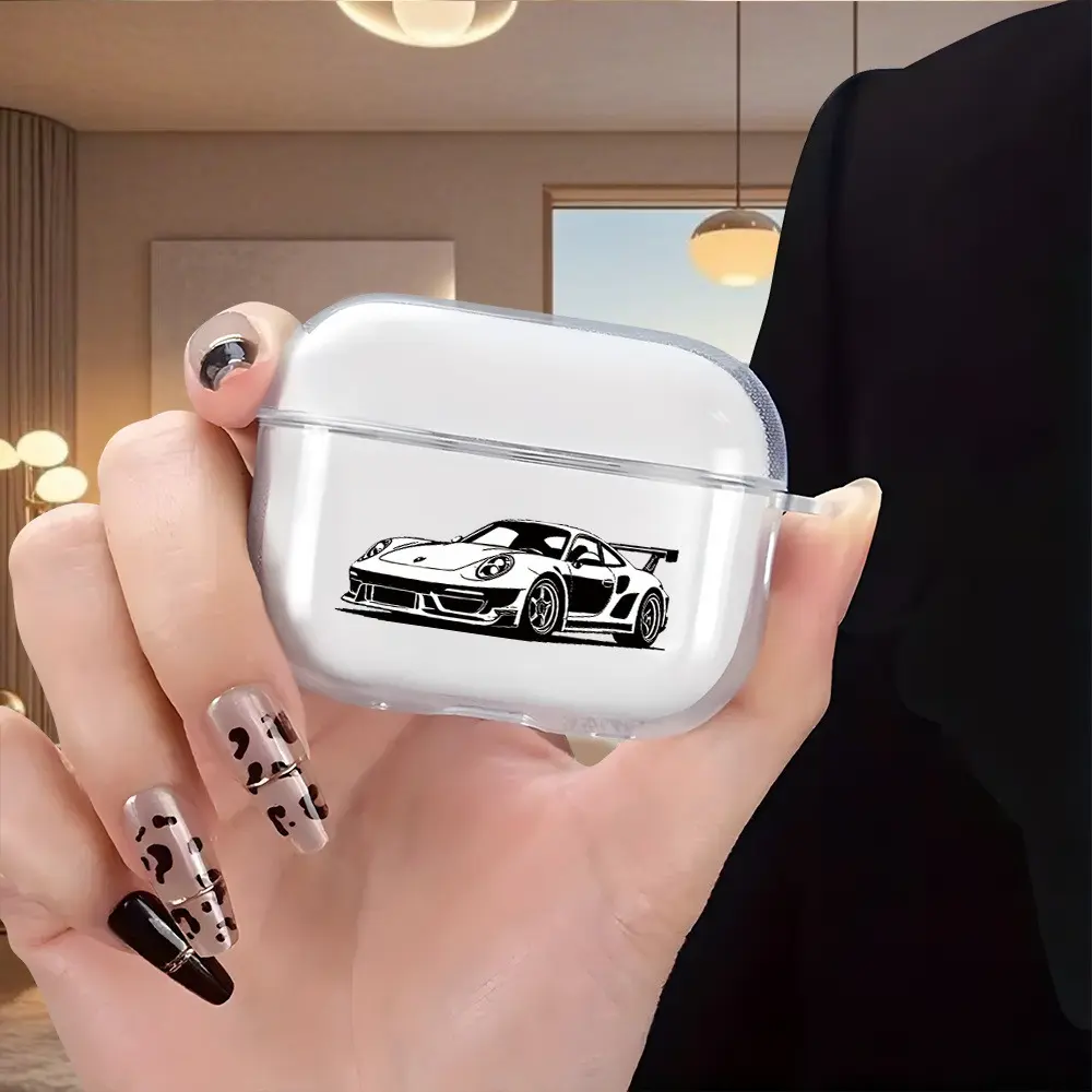 Fashion Trendy Sports Car Pattern Clear Soft TPU Earphone Case With Ring Buckle Compatible with Apple AirPods 4, 3, 2, 1, AirPods Pro, Pro 2/3, Ideal Gift Choice