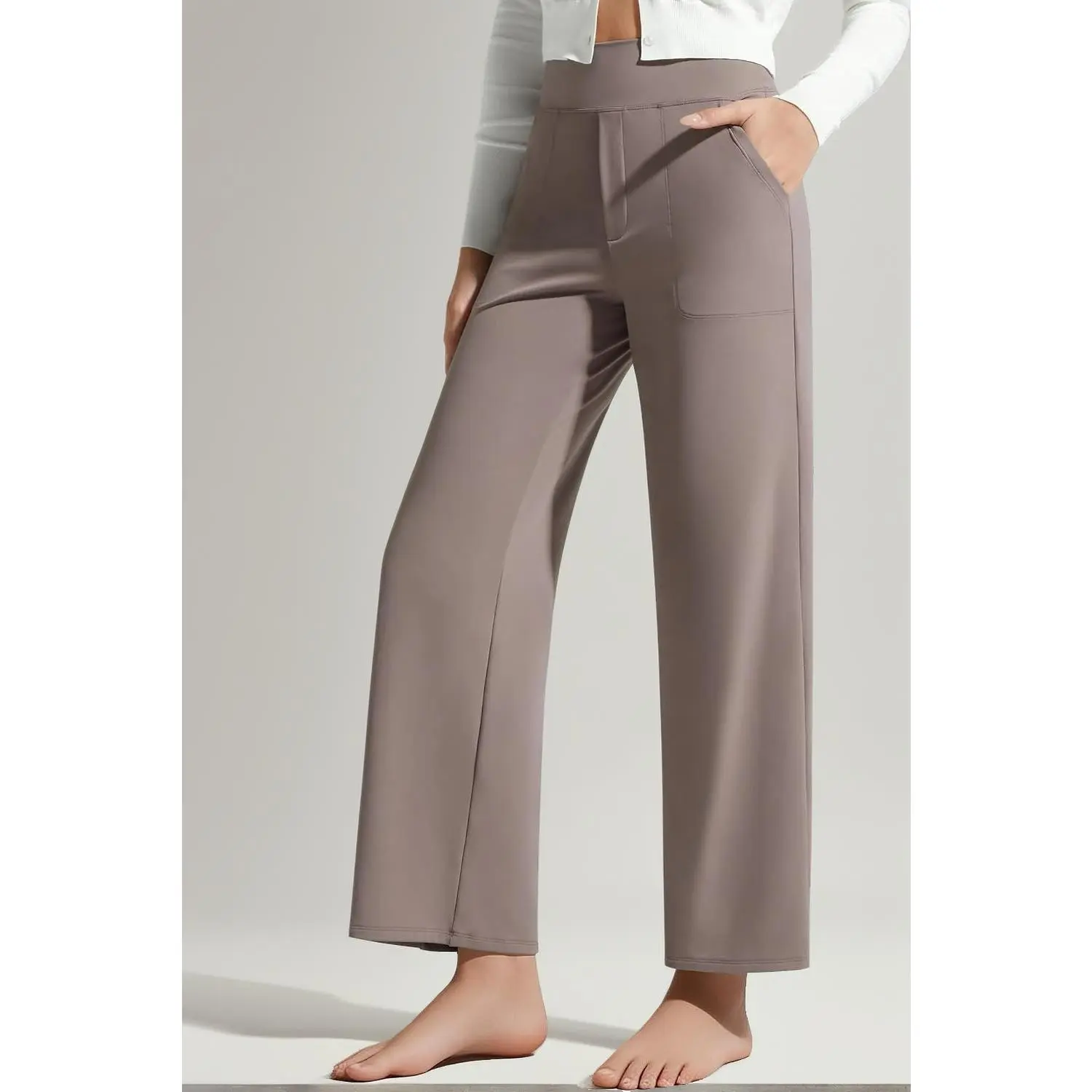 Women's 7/8 Length Wide Leg Yoga Pants, High-Stretch Waist, Pockets, Stretch Fabric, Casual Copped Pants
