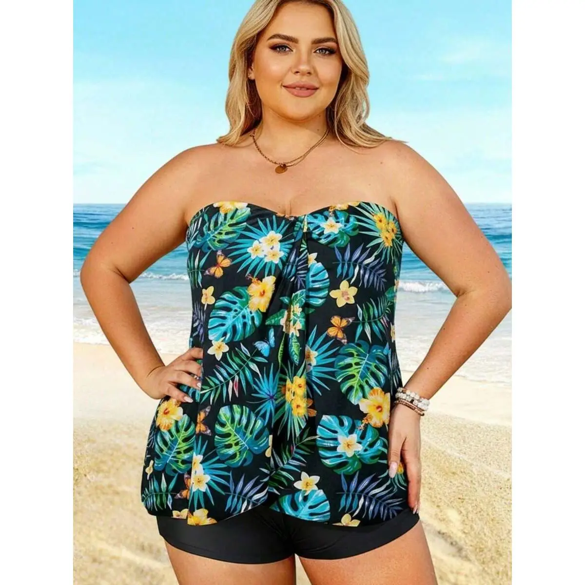 2026 Plus Size Tropical Print Bandeau Tankini - Black Base With Floral & Leaf Pattern, Flowy Peplum Top, High-Waisted Shorts, Beach Swimwear
