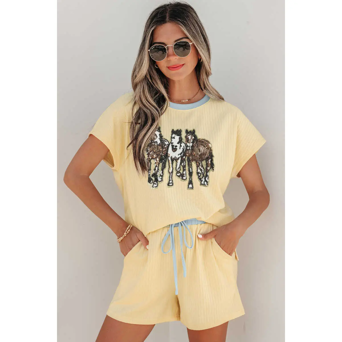 Women's Sequin Horse Graphic Two Piece Set, Ribbed Knit Short Sleeve Top and Drawstring Shorts Outfit, Casual Matching Set for Everyday Wear