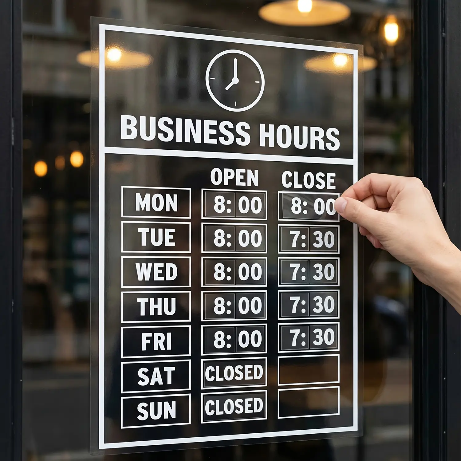 Business hours window sticker, transparent UV-resistant store business hours sticker, self-adhesive opening and closing time sign, white ink transparent vinyl glass door sticker