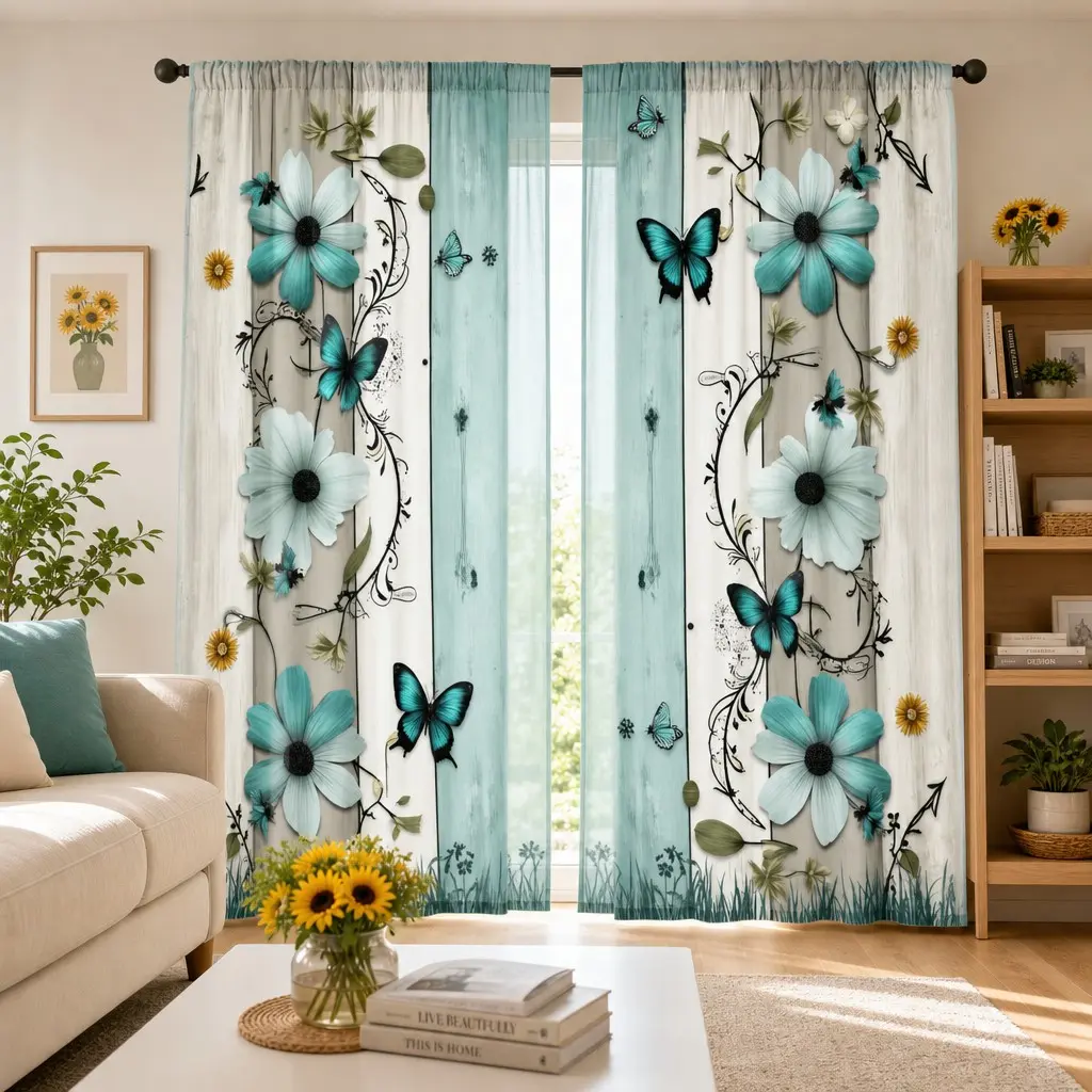 2-Pack Blue Daisy Butterfly Floral Window Curtains, Polyester Privacy Curtain, Rustic Wood Grain Design, Easy Clean, for Living Room, Bedroom, Kitchen, Bathroom