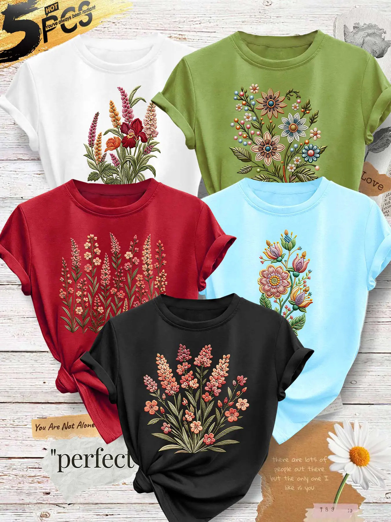 5‑Pack Women Crew Neck T‑Shirts, Vintage Embroidery‑Style Floral Print As Picture, Multi‑Color Available, Machine Washable, Spring Summer Tops, Soft Skin‑Friendly Fabric, Daily Multi‑Occasion Wear, Fashion Women Tees