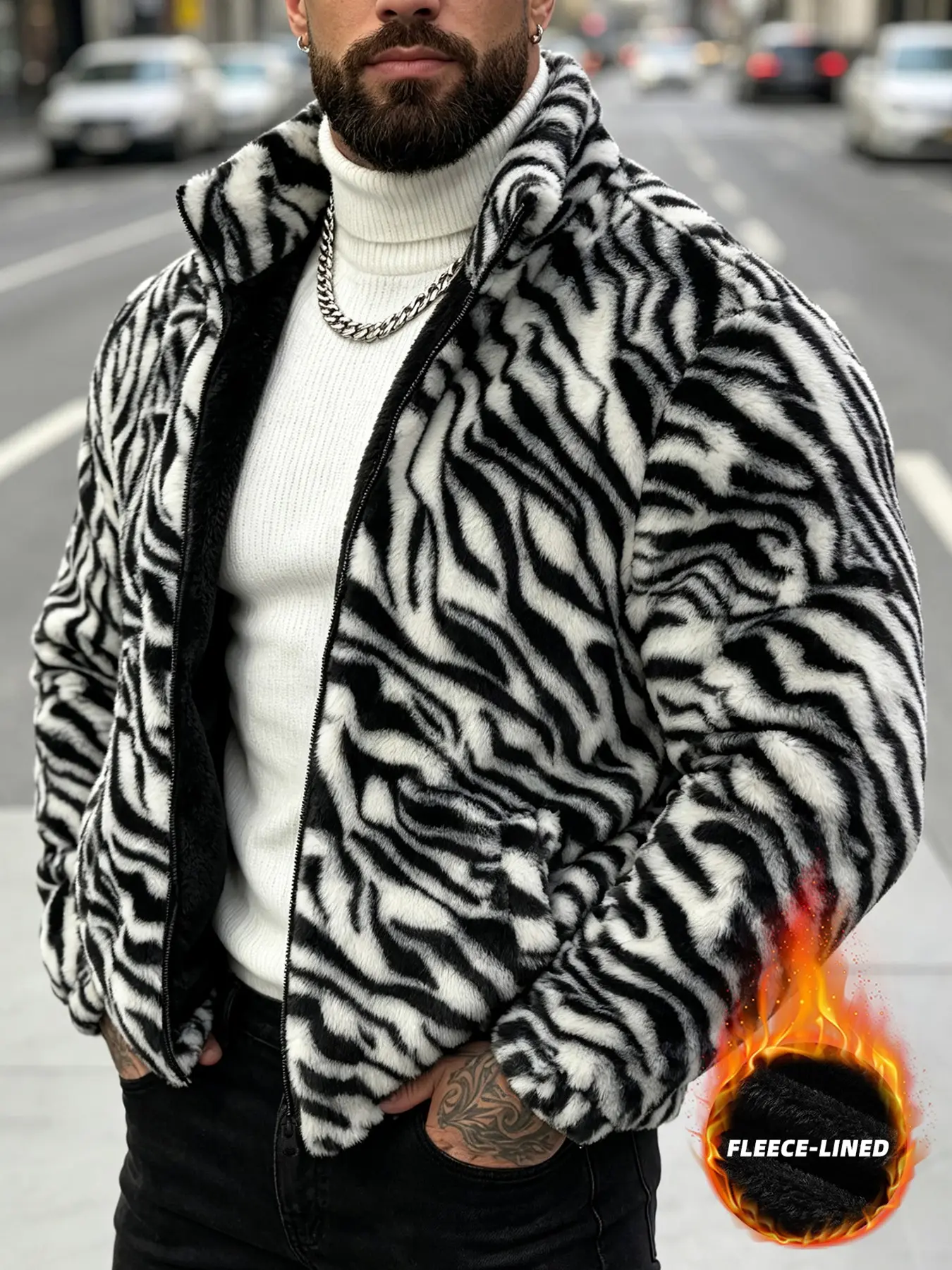 Men's Autumn Winter New Plush Zebra Print Jacket, Stand Collar Fleece Lined Thick Coat, Perfect Gift for Husband, Father, Friend