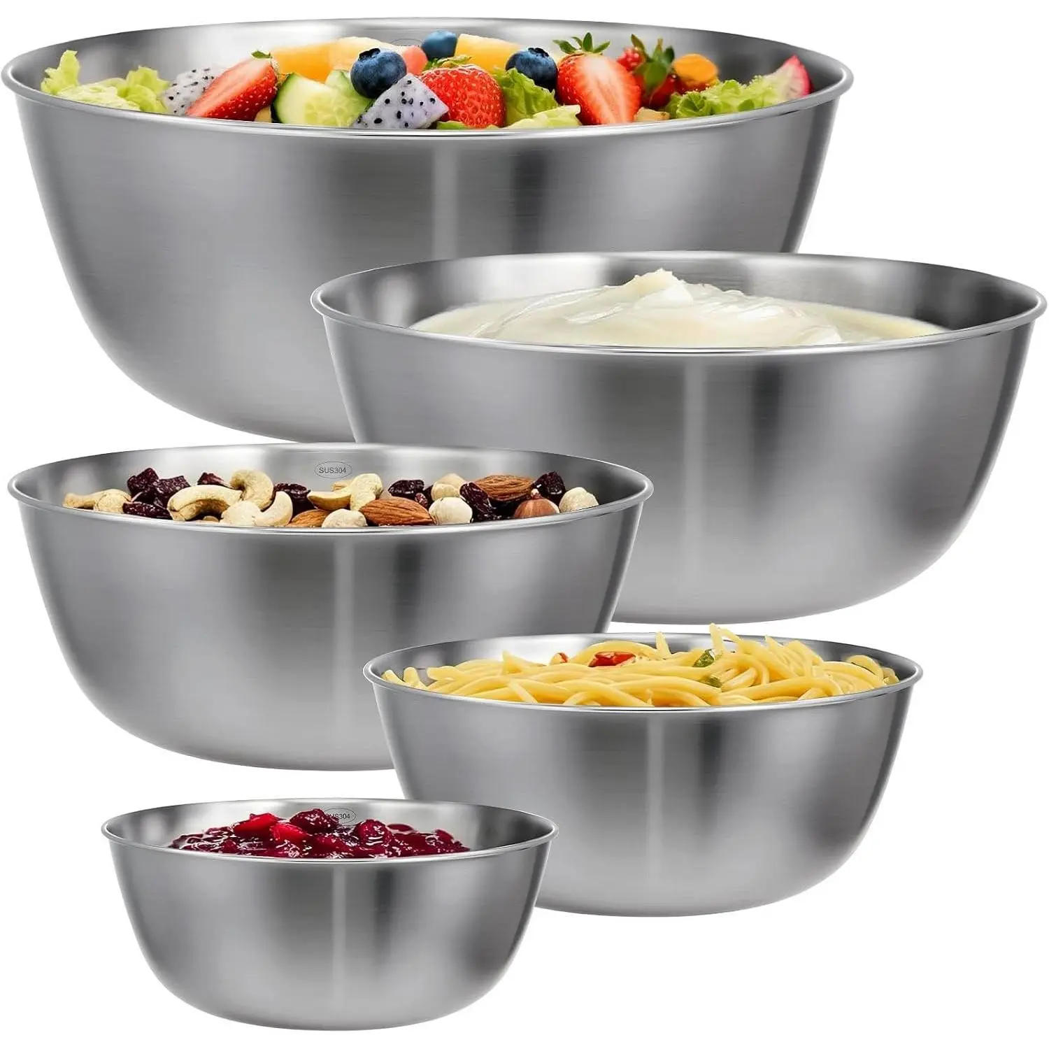 Stainless Steel Mixing Bowls Set of 5 | 5.2 to 0.8 Qt Nesting Bowls with Measurement Markings | Dishwasher Safe | Metal Kitchen Bowls for Baking, Prepping, Cooking and Serving