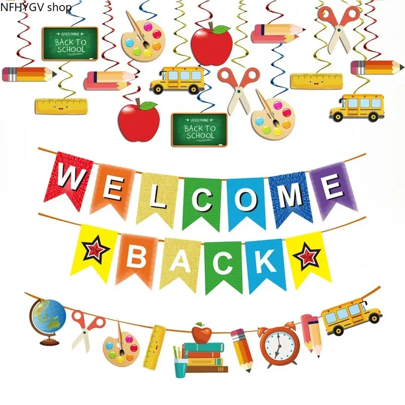 Welcome Back To School Pennant Banner Kit, Multi Element School Theme Hanging Swirl Cutouts, Colorful Paper Wall Hanging Decor For Classroom Opening Day