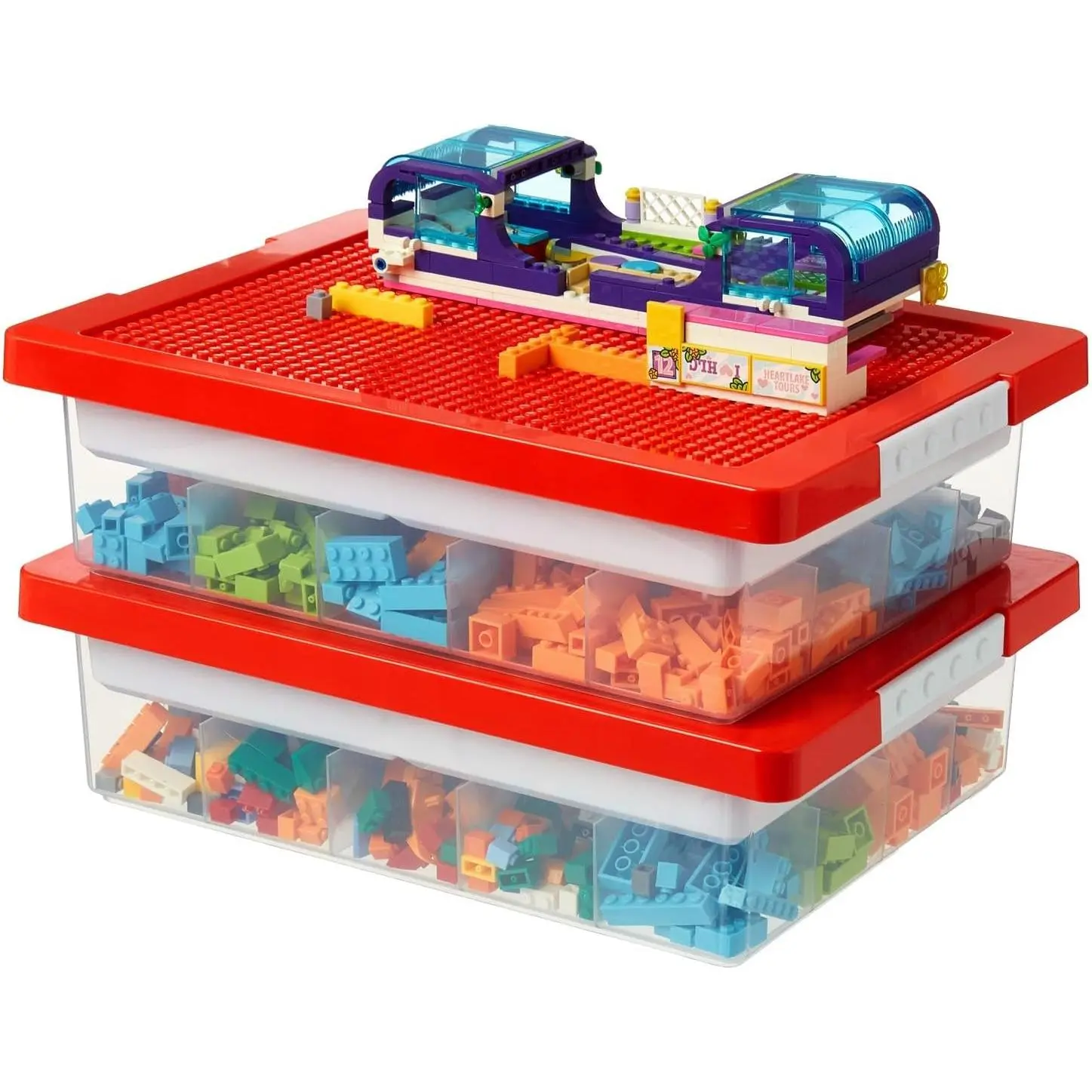 Transparent Lego Toy Storage Organizer Box - Plastic Stackable Bin with Building Plate Lid, Removable Tray, Building Block Storage Solution (LGB2-RR)