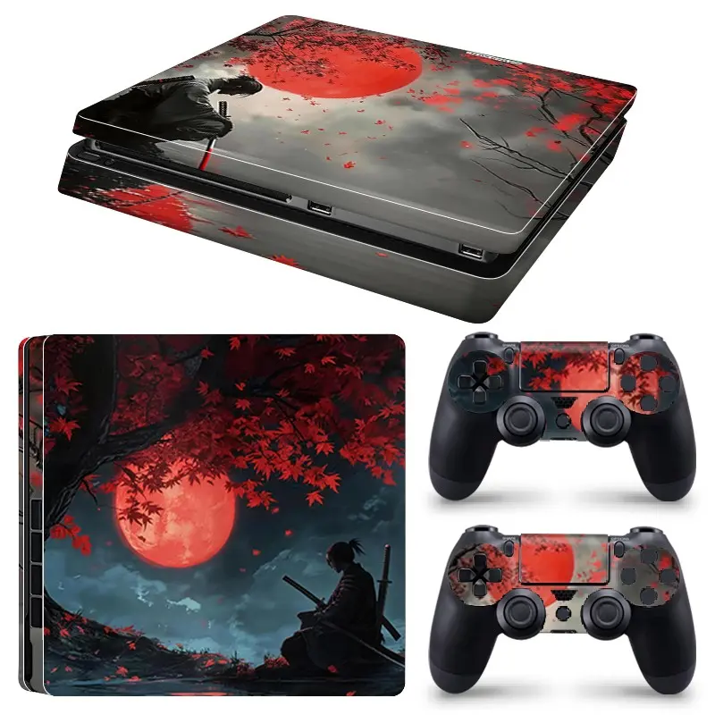 Red Moon Maple Oriental Scenery Art Vinyl Skin Cover for PS4 Slim Console and Wireless Controllers, Waterproof, Scratch-Proof & Long Lasting, Removable Without Residue, Artistic Illustration Game Console Decor Sticker