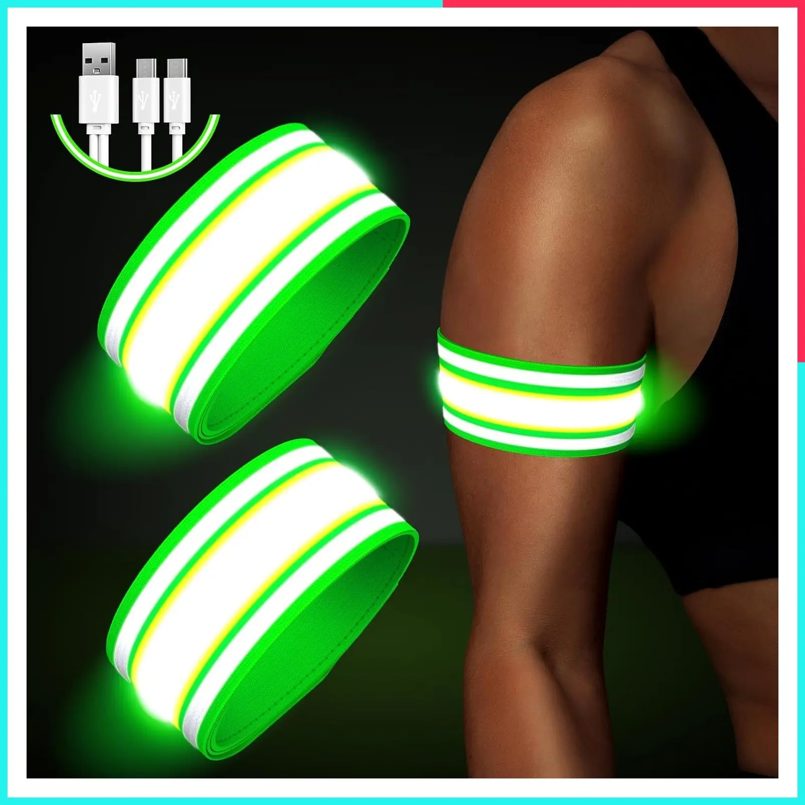 Light Up LED Armband for Running & Walking at Night, Reflective Rechargeable Arm Bands for Runners, High Visibility Night Running Safety Gear, Adjustable for Women Men Kids
