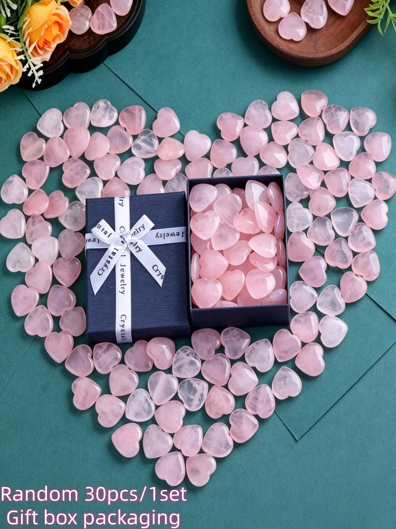 30pcs Natural Rose Quartz Crystal Heart-Shaped Love Stone Gift Set, Chakra Balancing, Spiritual Healing, Birthday & Valentine's Gift
