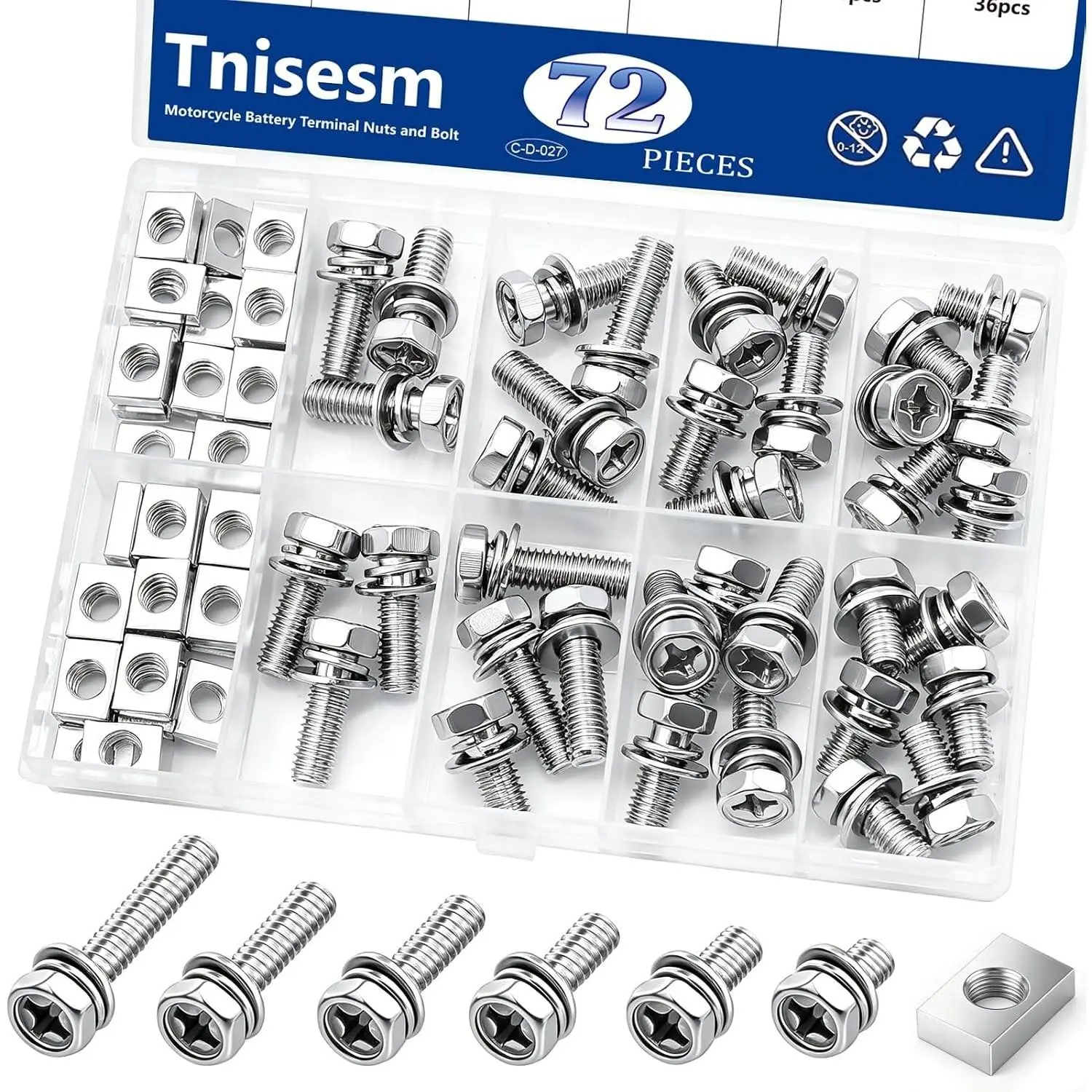 72PCS 304 Stainless Steel M6 Size Battery Terminal Bolts Kit with Square Nuts (M6x10/12/16/18/20mm) for Motorcycle, ATV, Bike