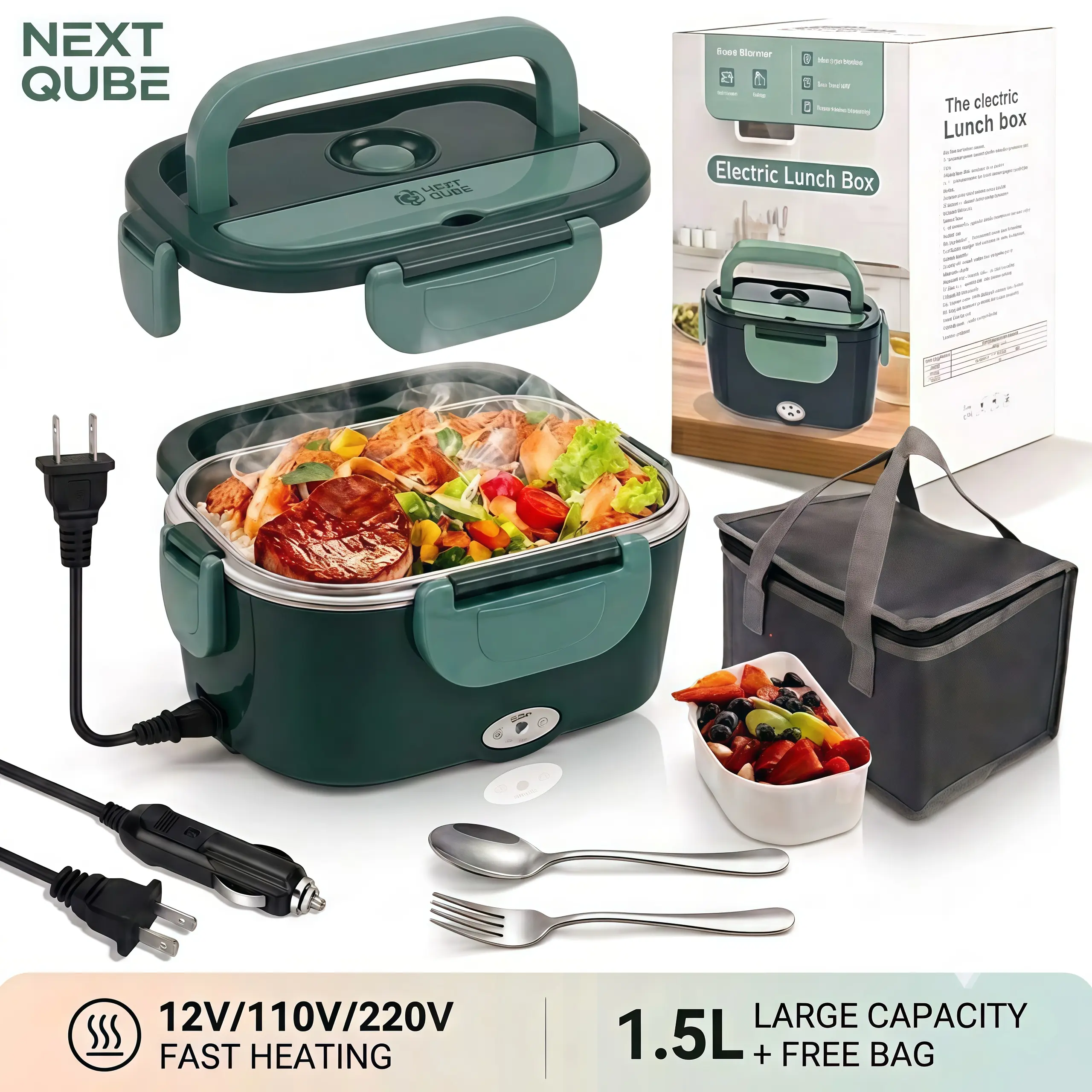 NextQube Portable Insulated Heating Student Lunch Box. Hot Food Waterless Heating Rice Box - 50.72oz Stainless Steel Container Soup Pot, Fruit Box, Leak-Proof Stainless Steel Container with Car Plug (12V/24V), Suitable for Cars and Trucks, Includes Spoon